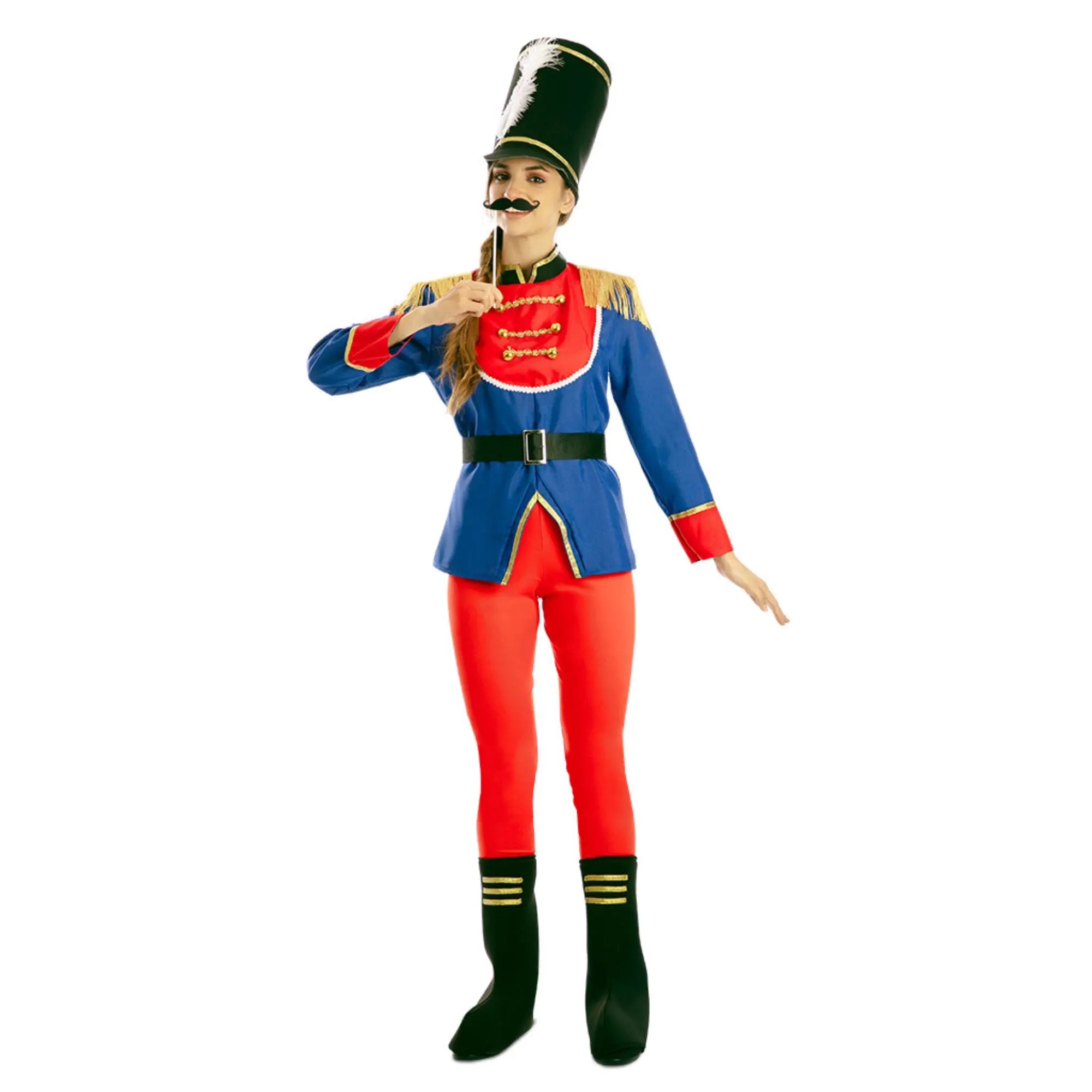 Disfraz de soldadito para mujer con chaqueta azul, pantalón rojo y sombrero ideal para Carnaval y fiestas temáticas