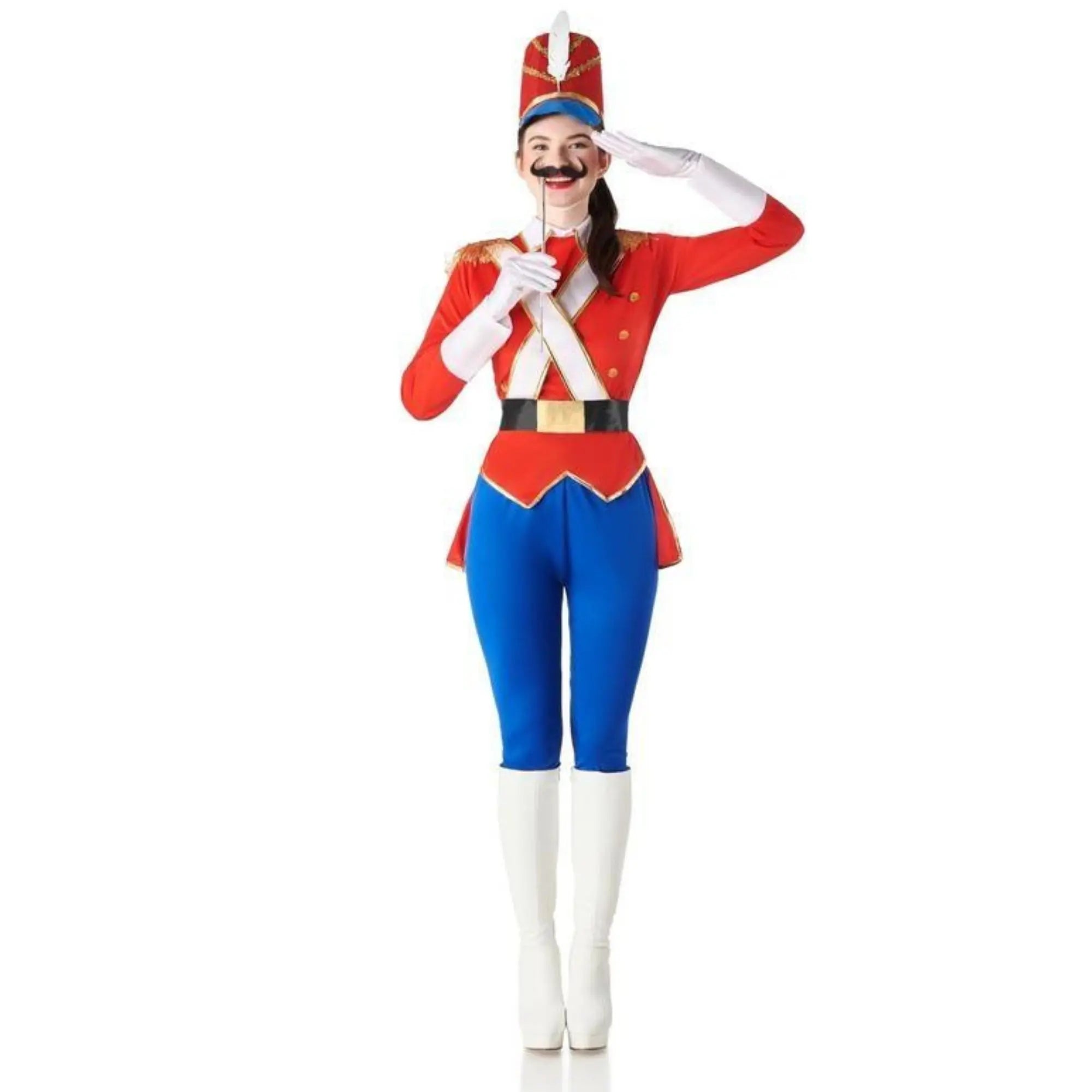Disfraz de soldadito de plomo para mujer con pantalón, camisa con cinturones y gorro militar