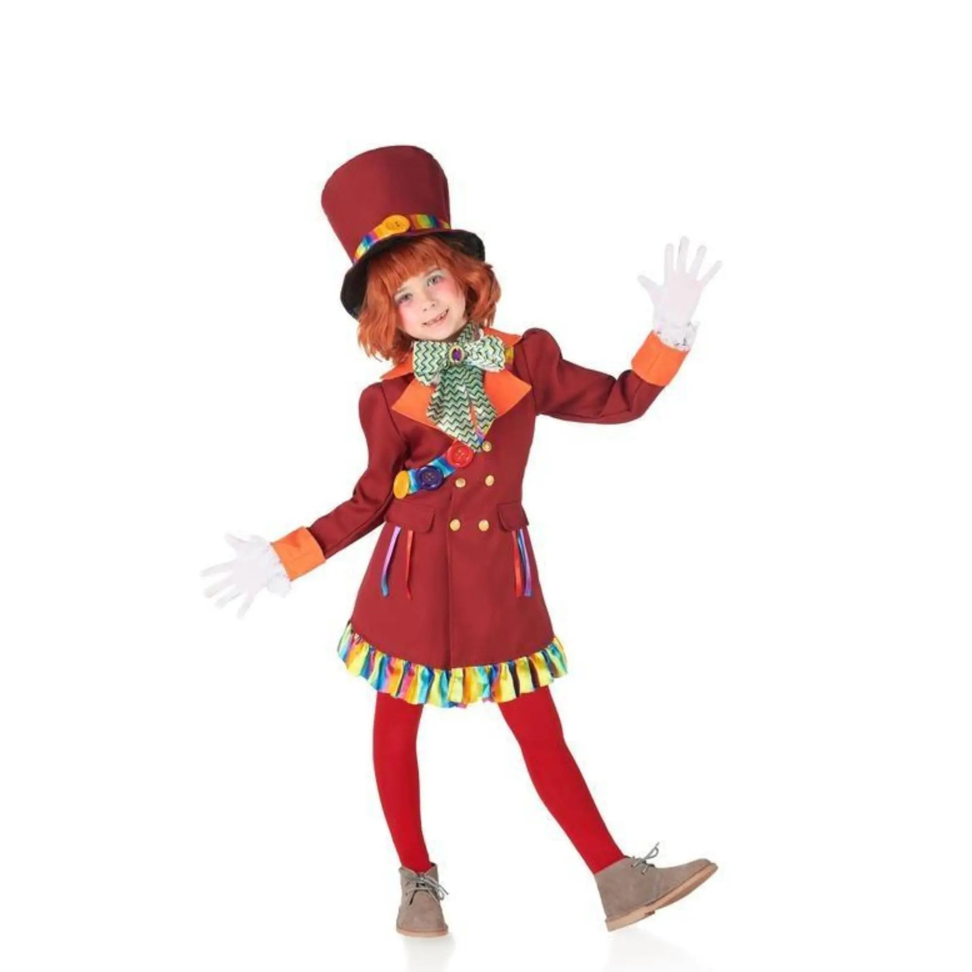 Disfraz de Sombrerero para niña con sombrero, chaqueta colorida y accesorios de cuento para Carnaval
