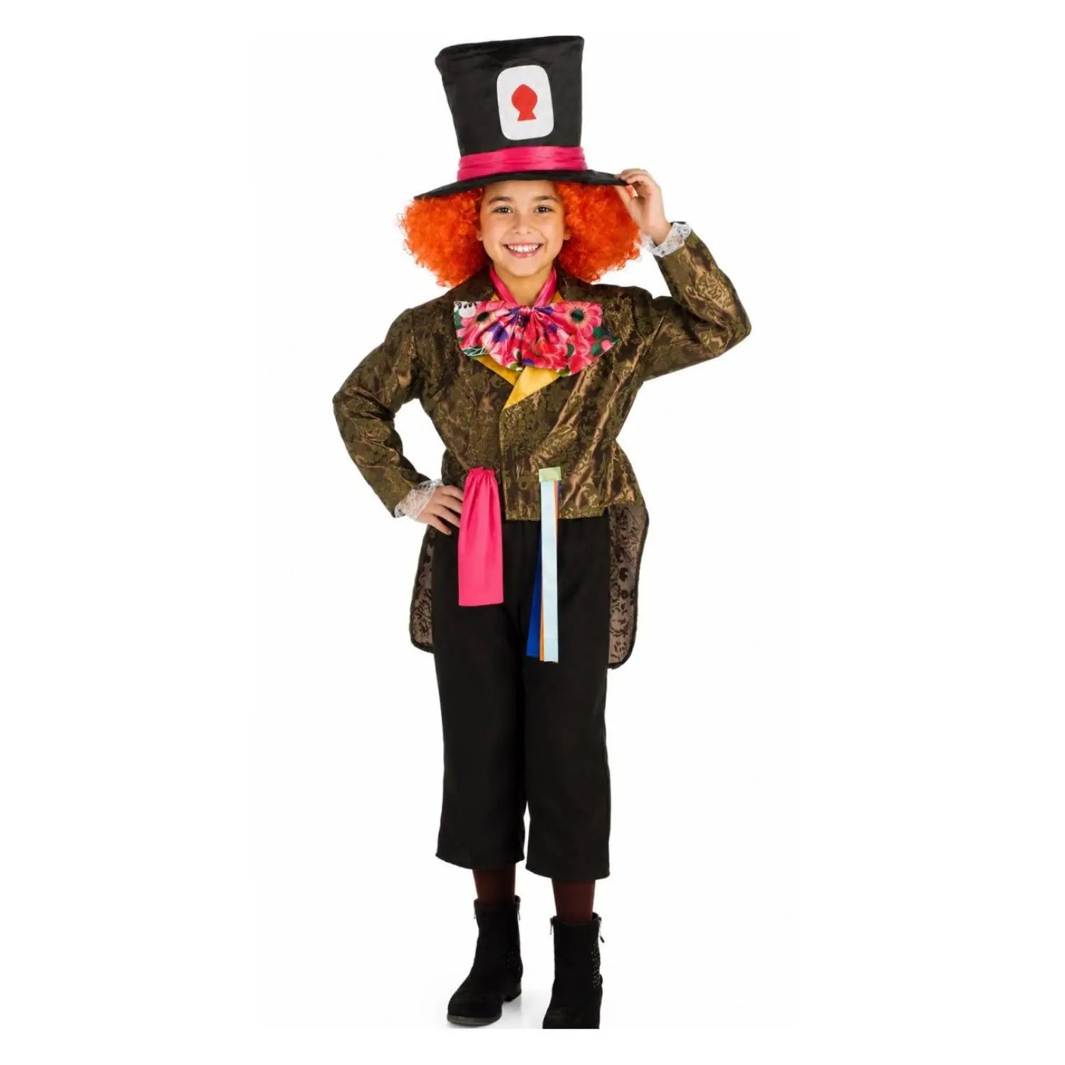 Disfraz de Sombrerero infantil con sombrero alto y chaqueta estampada