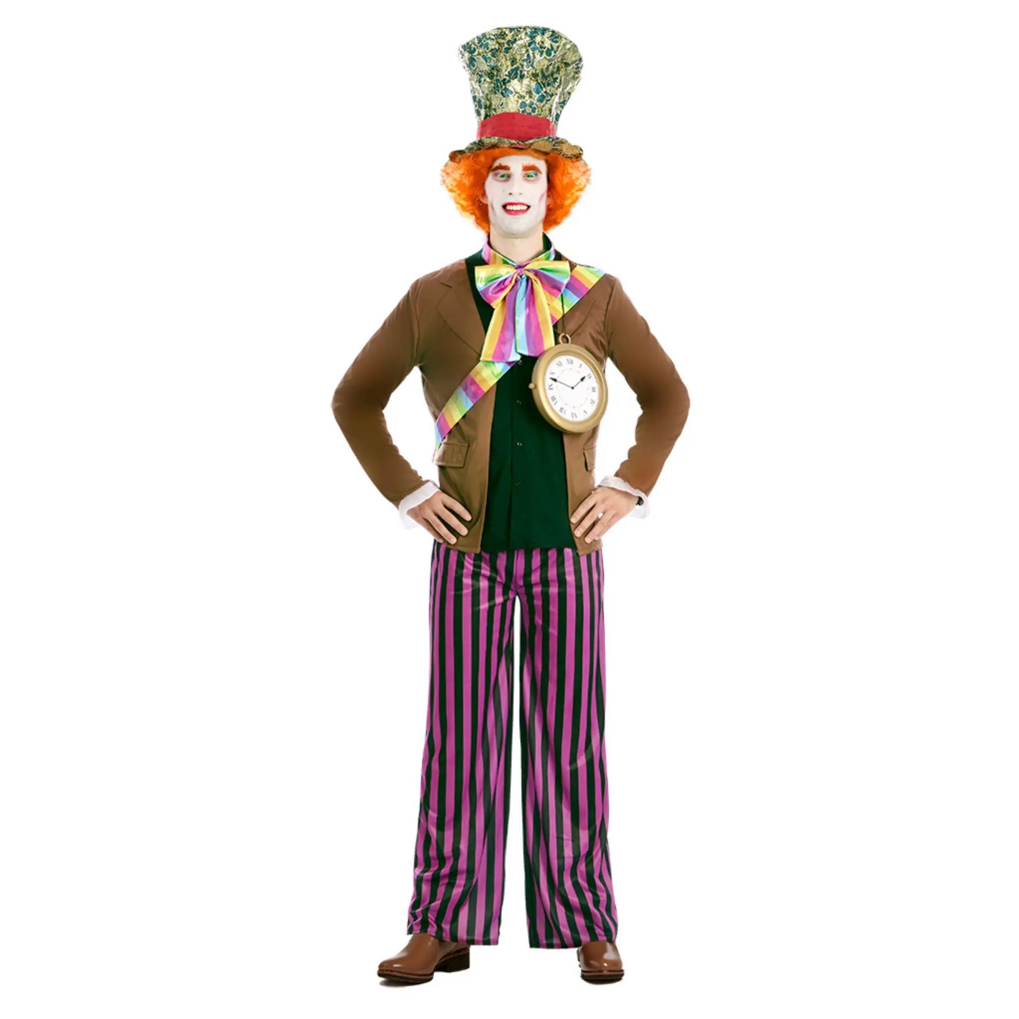 Disfraz sombrerero para hombre con chaqueta marrón y pantalón lila estilo Alicia en el País de las Maravillas