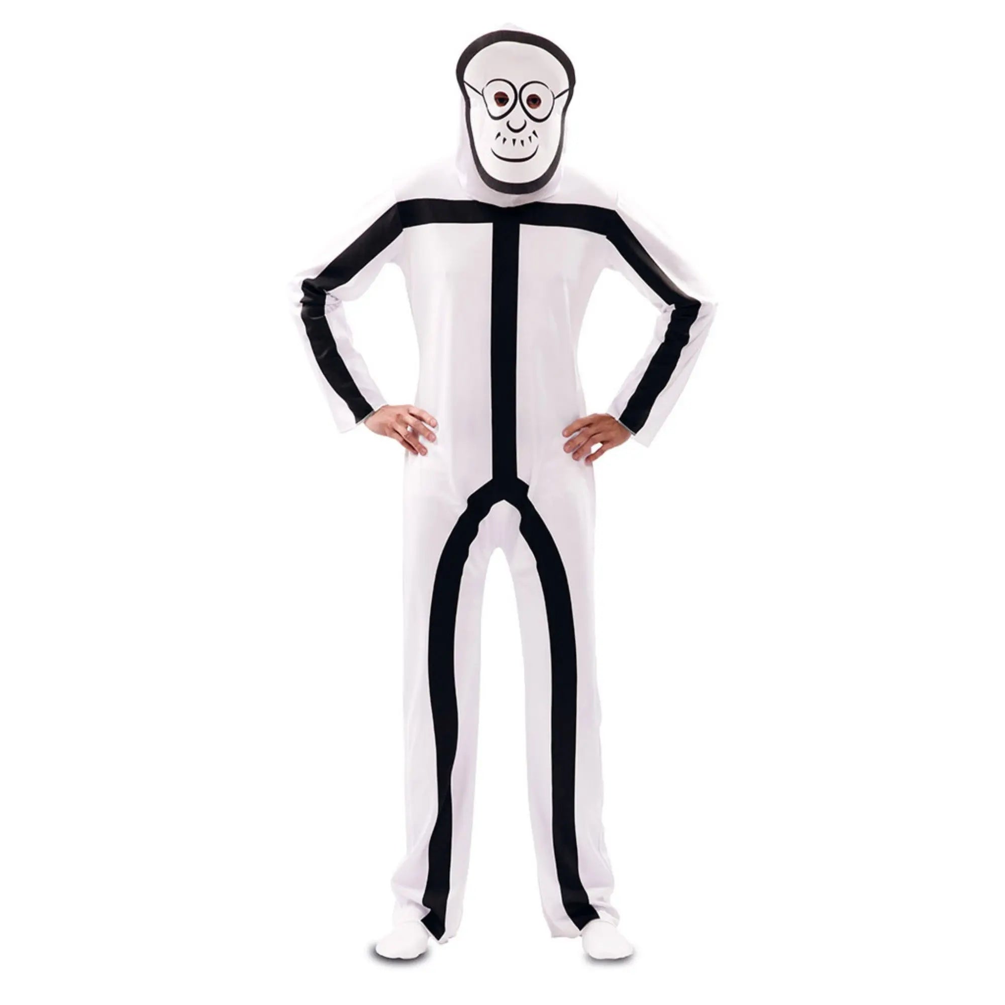 Disfraz stickman adulto con mono estampado y dos máscaras intercambiables ideal para Carnaval y fiestas divertidas