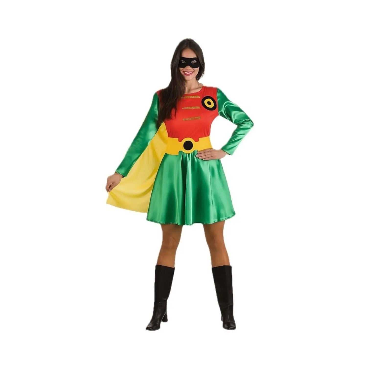 Disfraz de Robin para mujer con vestido rojo y verde, capa amarilla y cinturón de superheroína