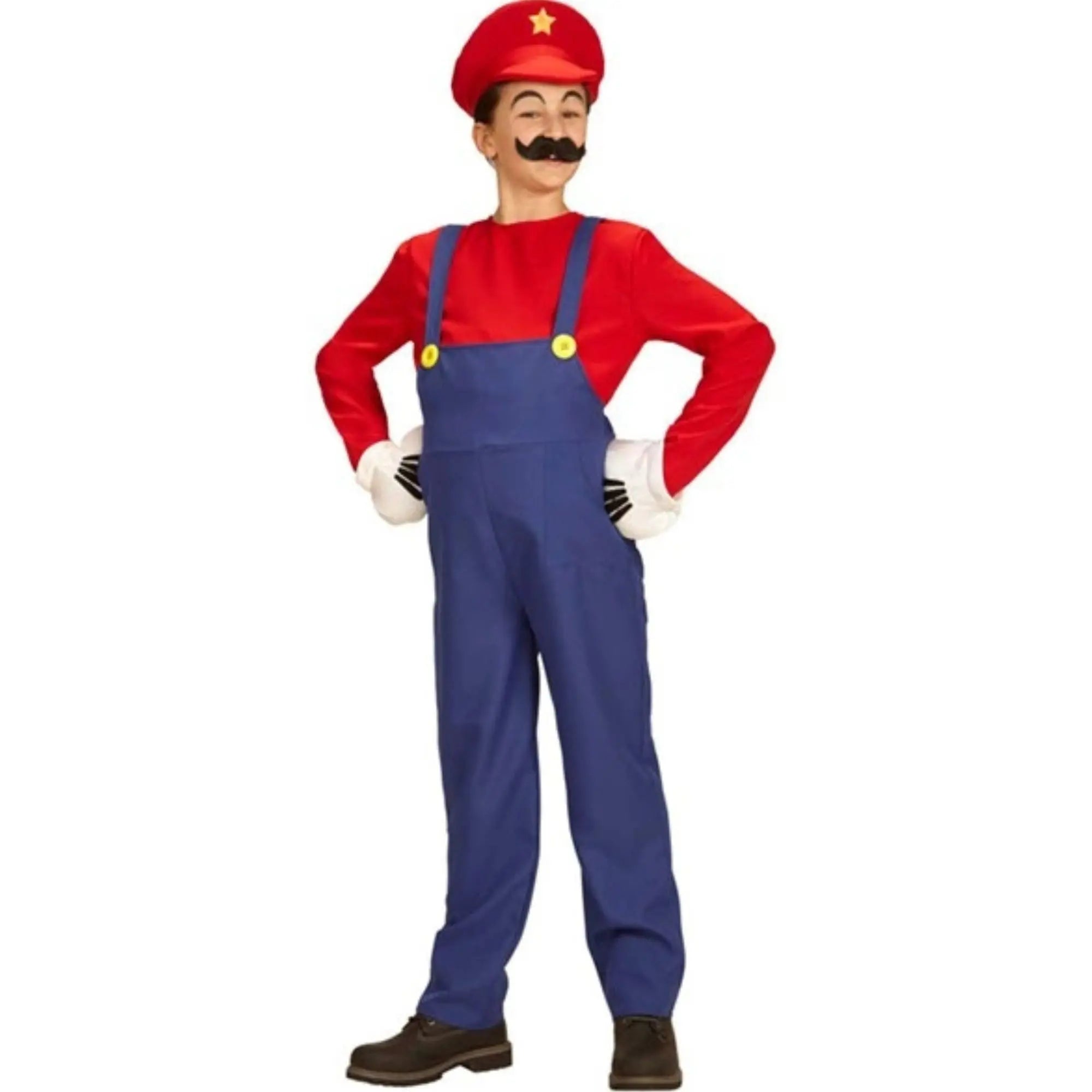 Disfraz de super fontanero infantil con mono azul camiseta roja y gorra roja