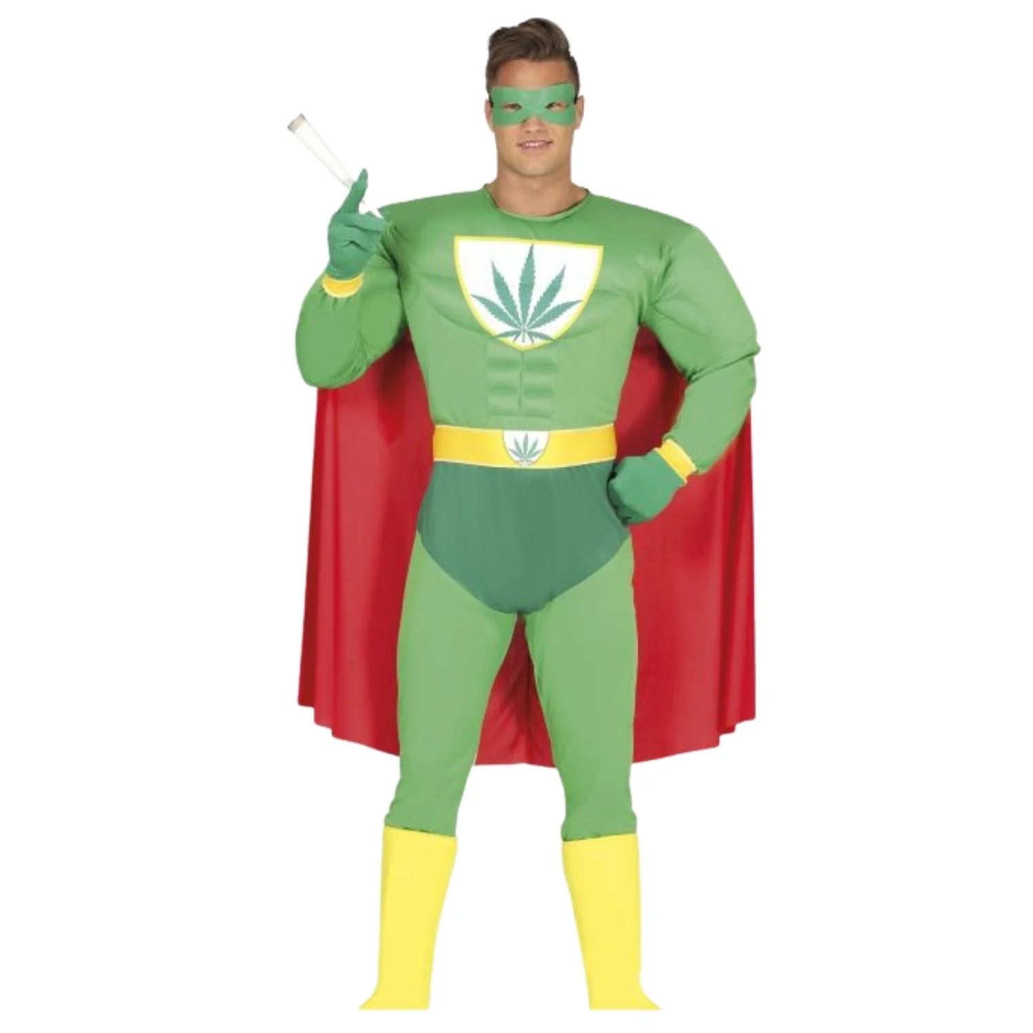 Disfraz superhéroe marihuana adulto con capa y antifaz