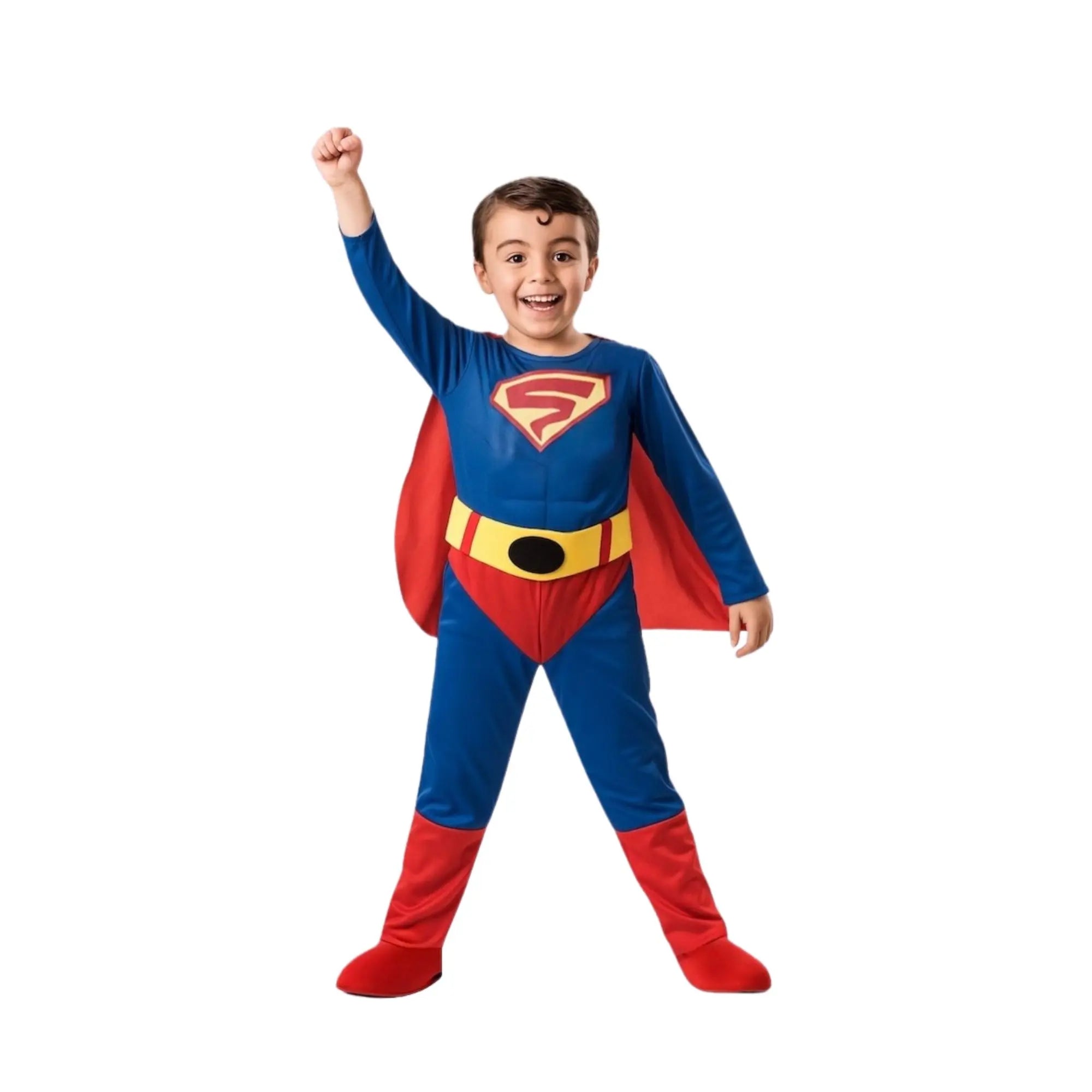 Disfraz de Superboy infantil con mono azul y rojo, capa roja y cinturón amarillo