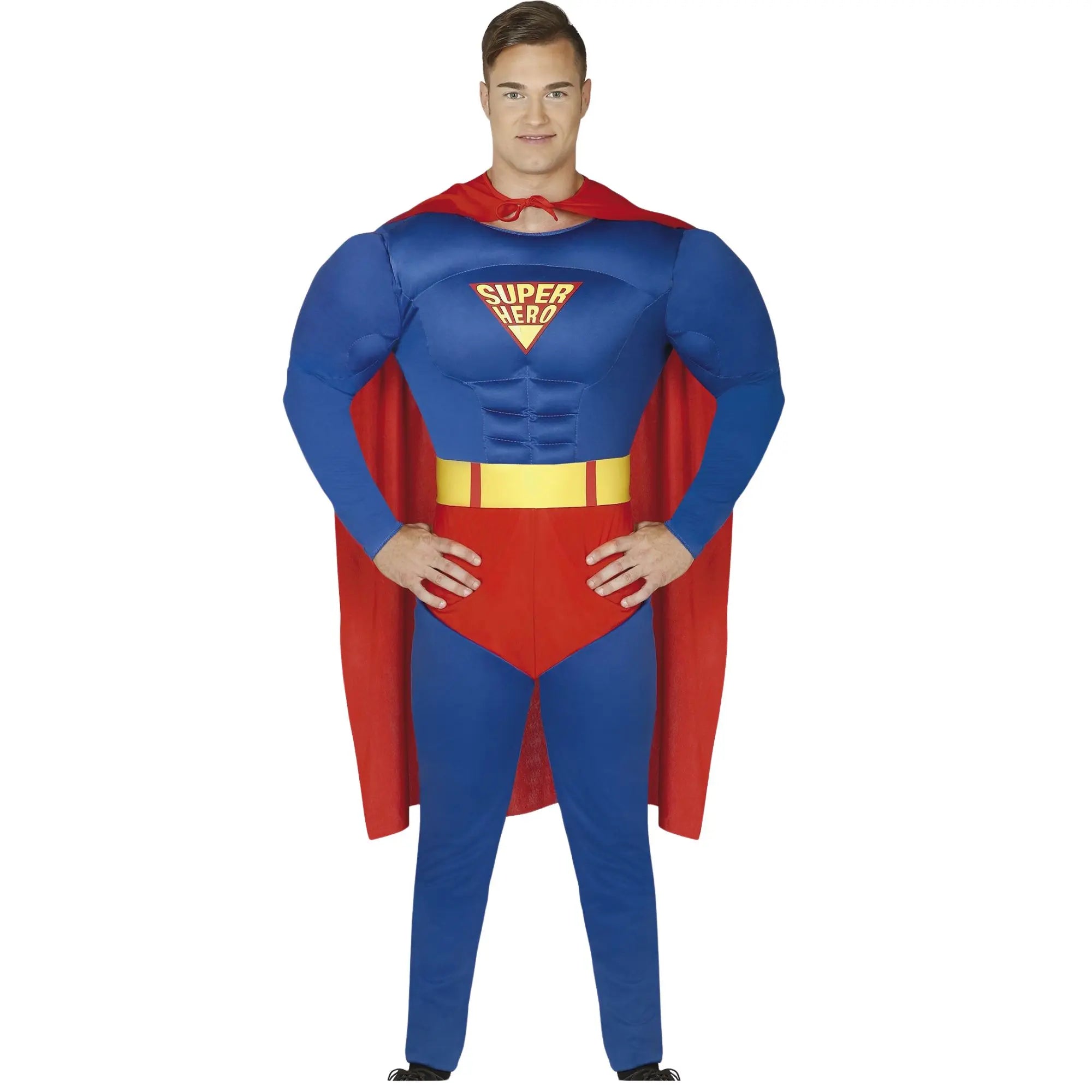 Disfraz de Superman musculoso para hombre con mono azul, capa roja y cinturón en estilo superhéroe