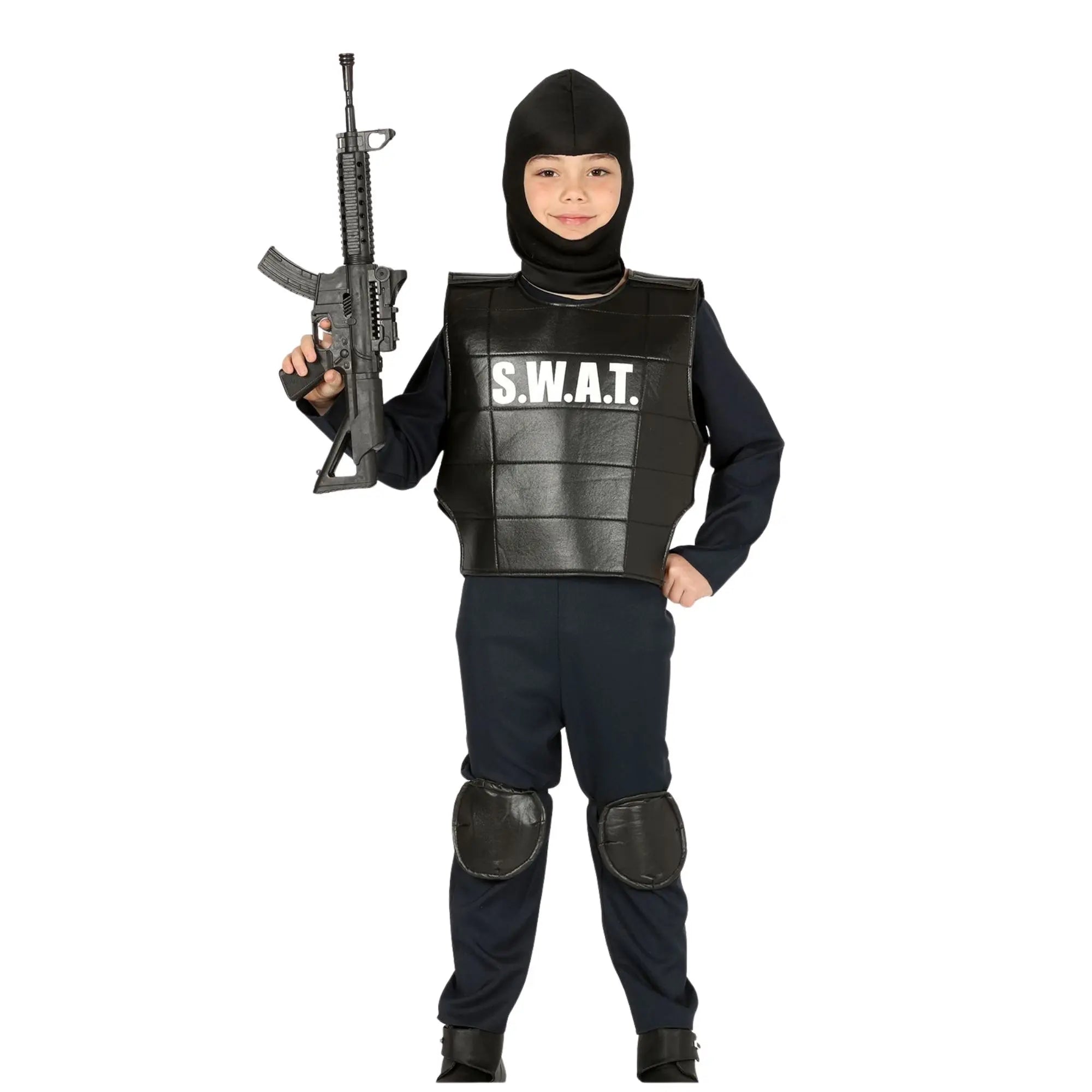 Disfraz de policía SWAT infantil con chaleco, mono, pasamontañas y rodilleras para Carnaval y fiestas de acción