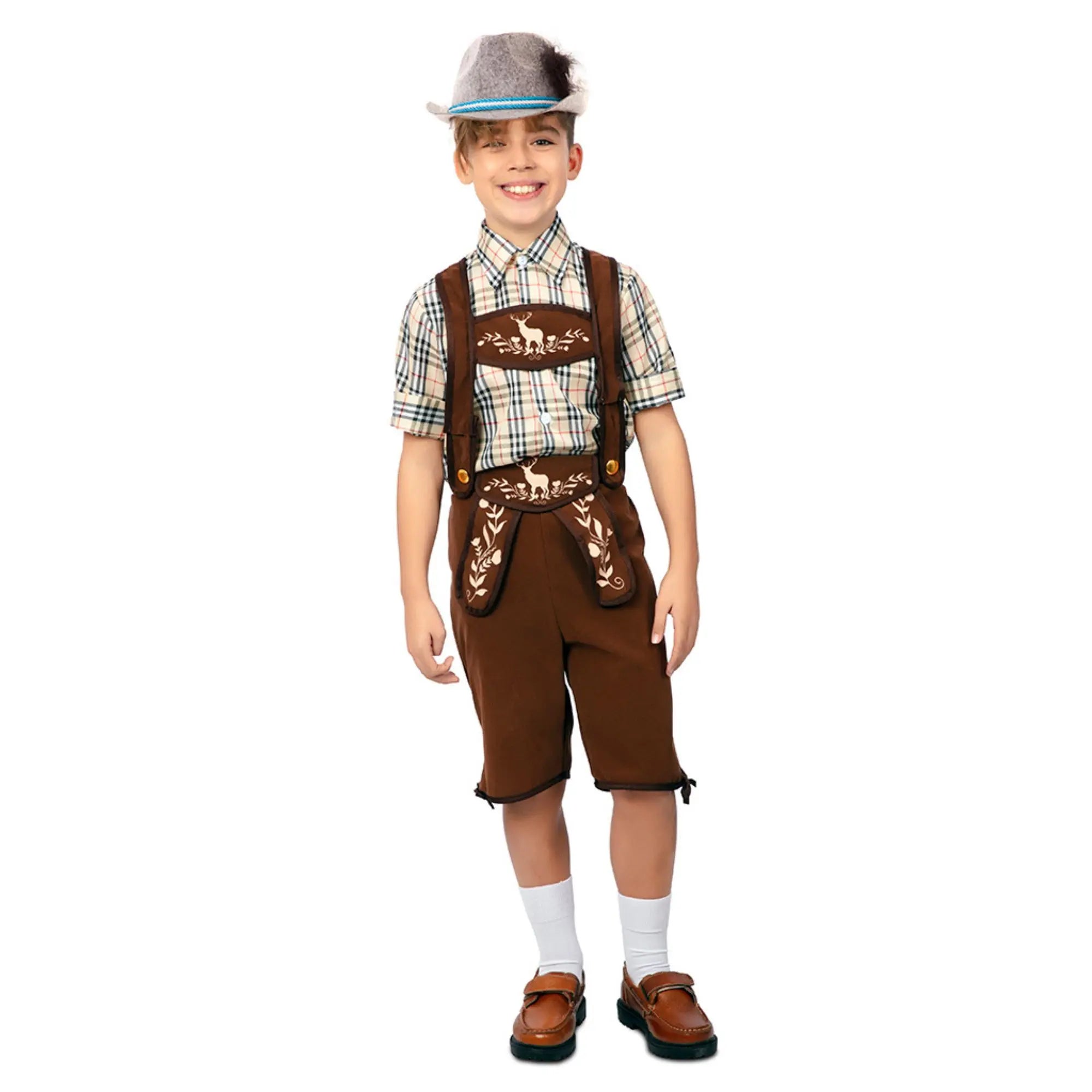 Disfraz bávaro para niño con peto marrón y camisa a cuadros estilo tirolés Oktoberfest