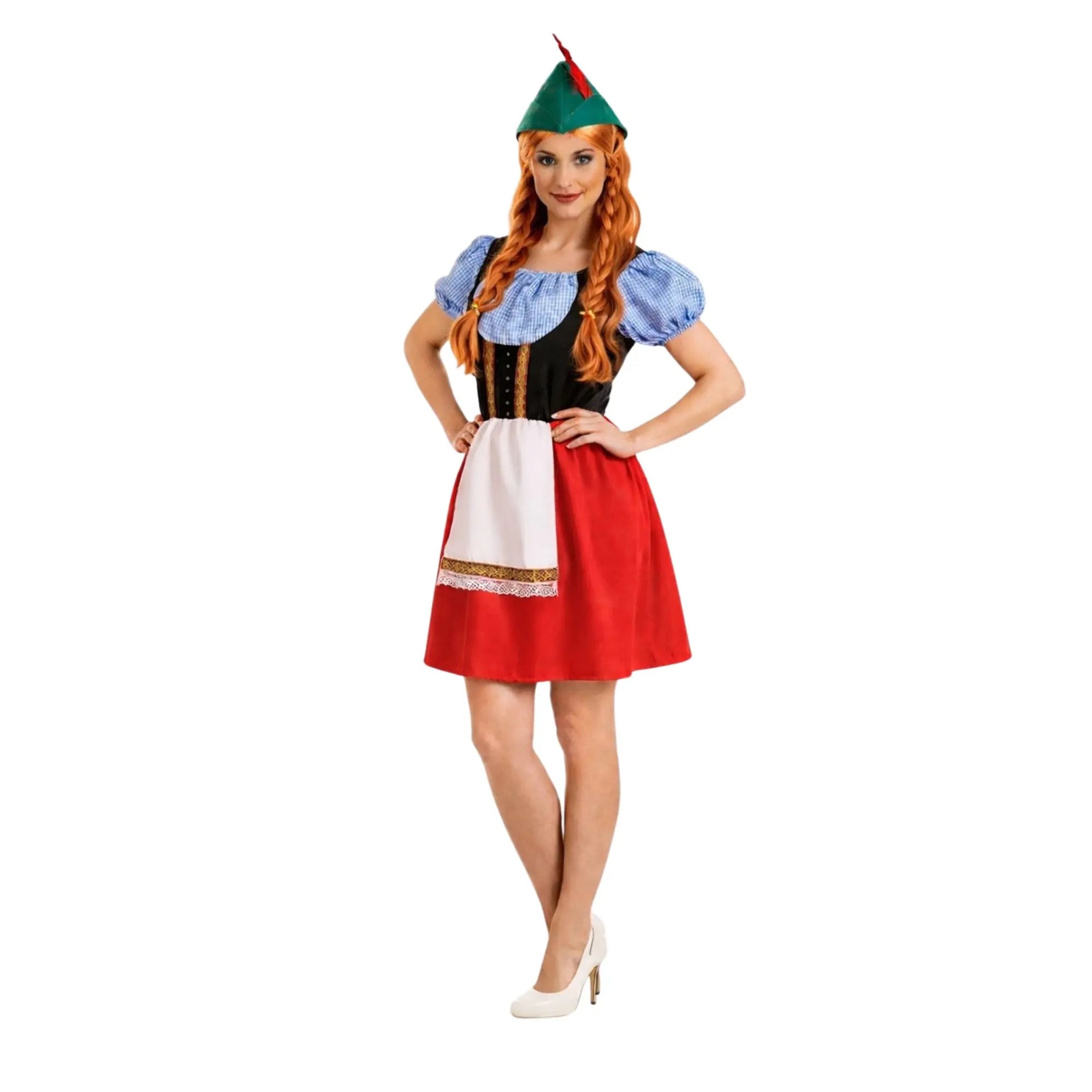 Disfraz tirolesa para mujer con falda roja, chaleco y gorro con pluma estilo Oktoberfest