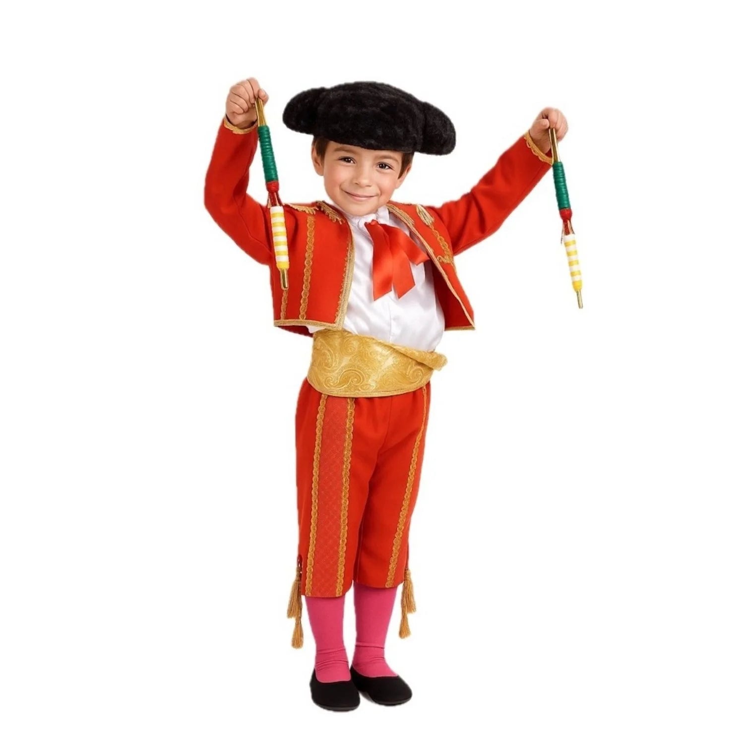 Niño con disfraz de torero infantil rojo con fajín dorado y montera