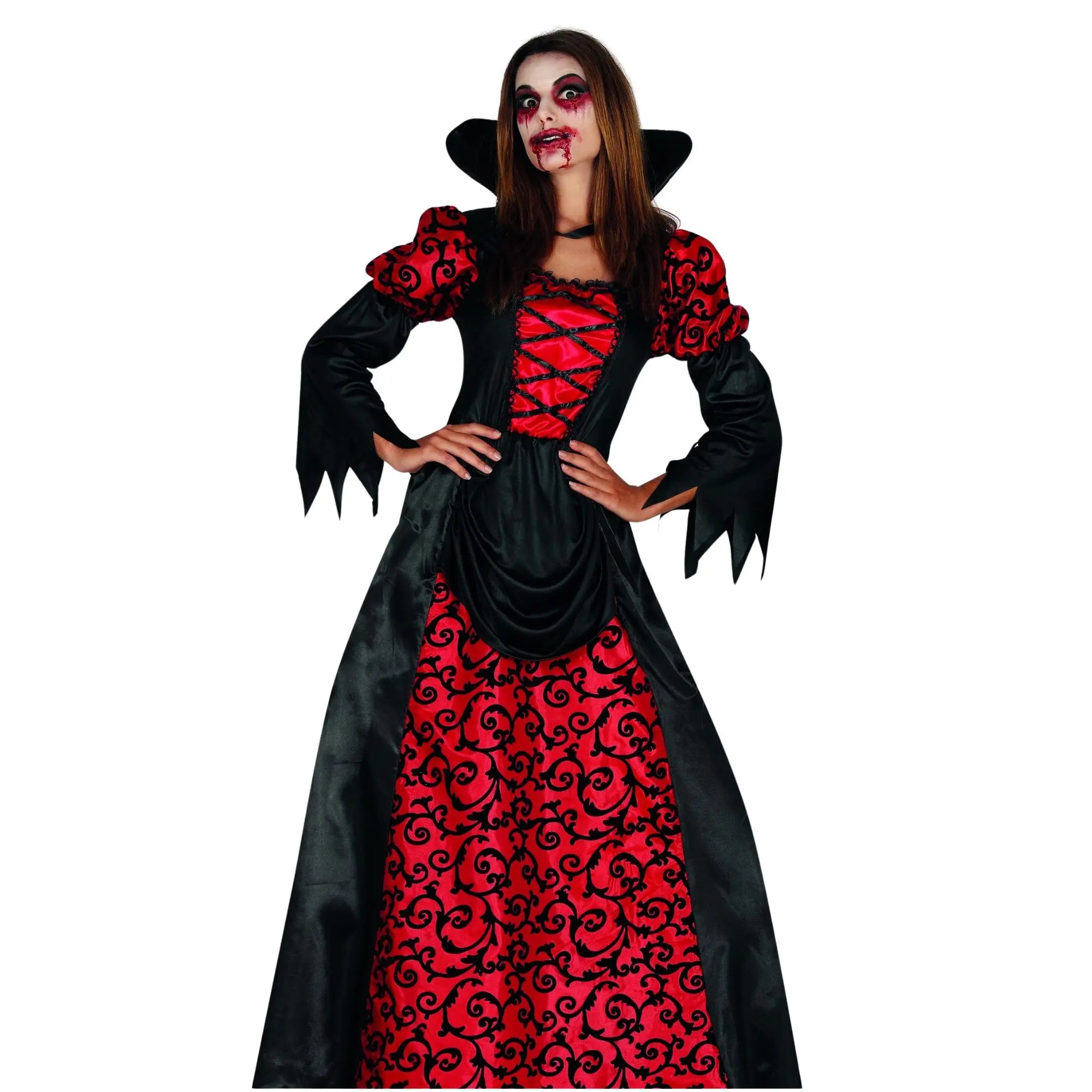 Disfraz de vampiresa adulta con vestido negro y cuello elegante para Halloween