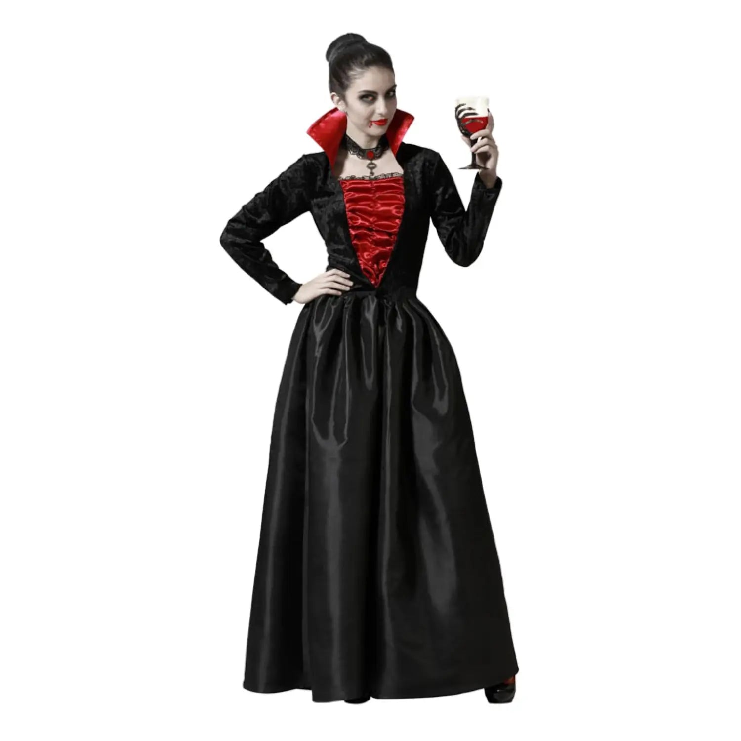 Disfraz vampiresa elegante adulta con vestido negro y burdeos