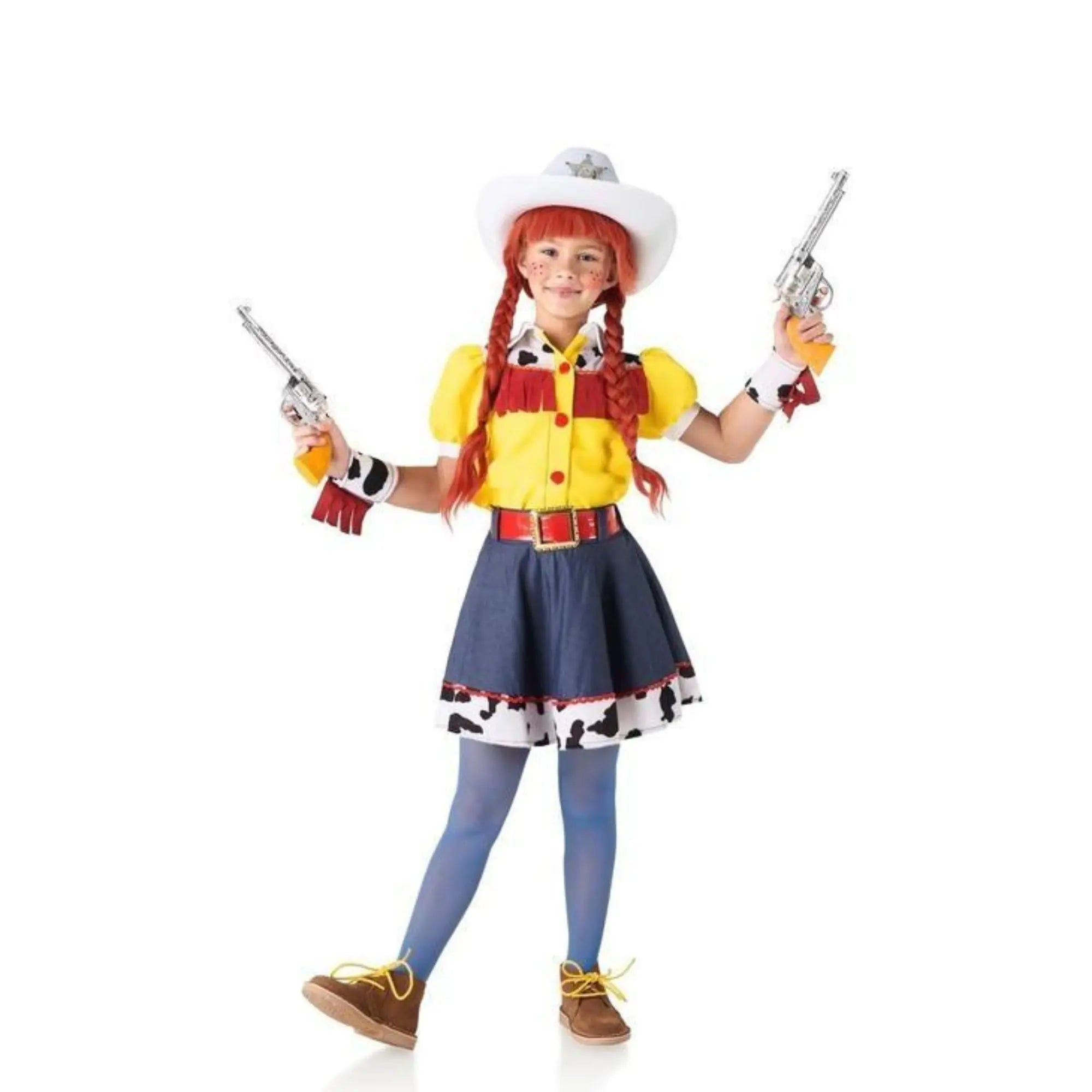 Disfraz de vaquera cowboy para niña con camisa, falda, cinturón y brazaletes estilo oeste