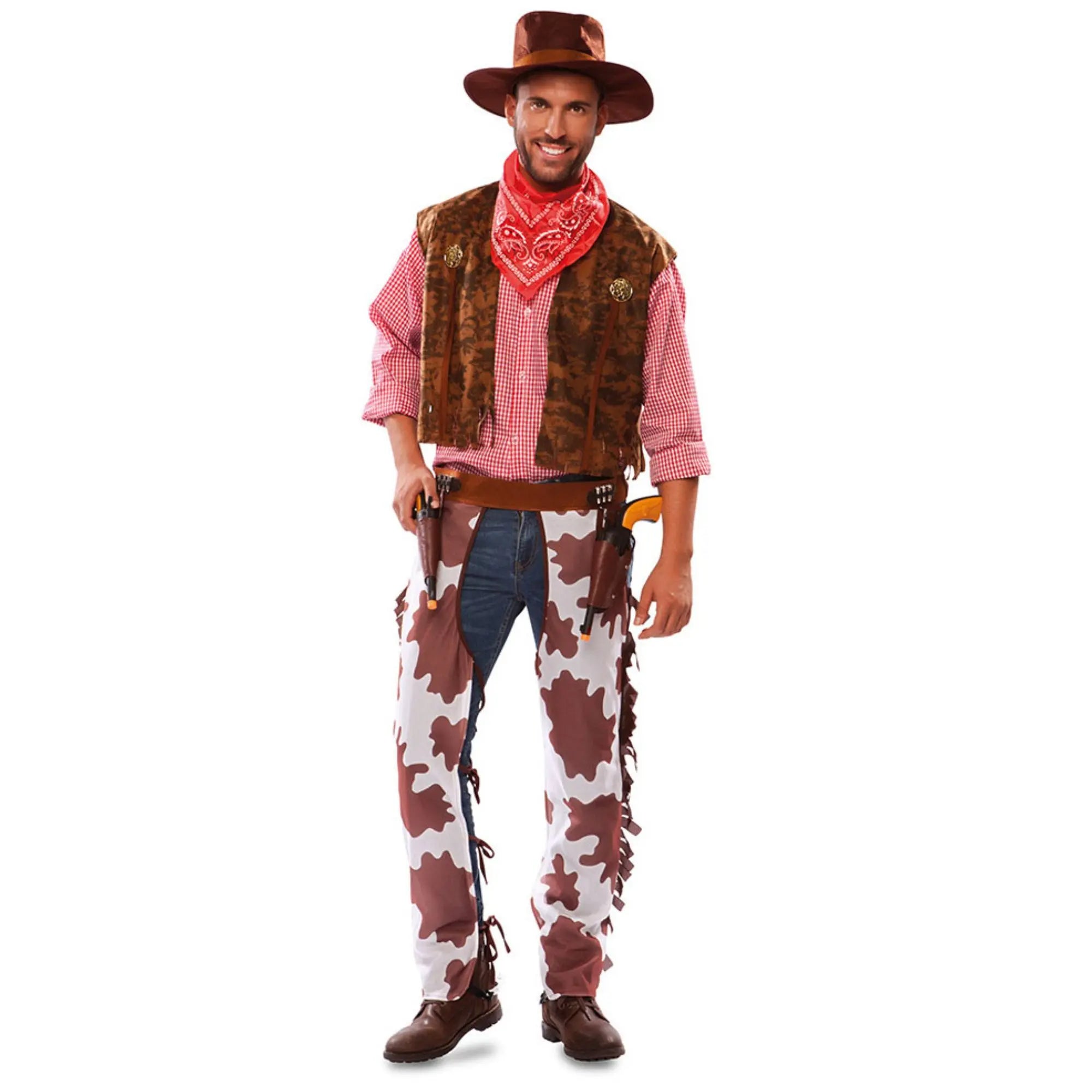Disfraz de vaquero hombre con pernera estampado vaca marrón, chaleco y pañuelo rojo
