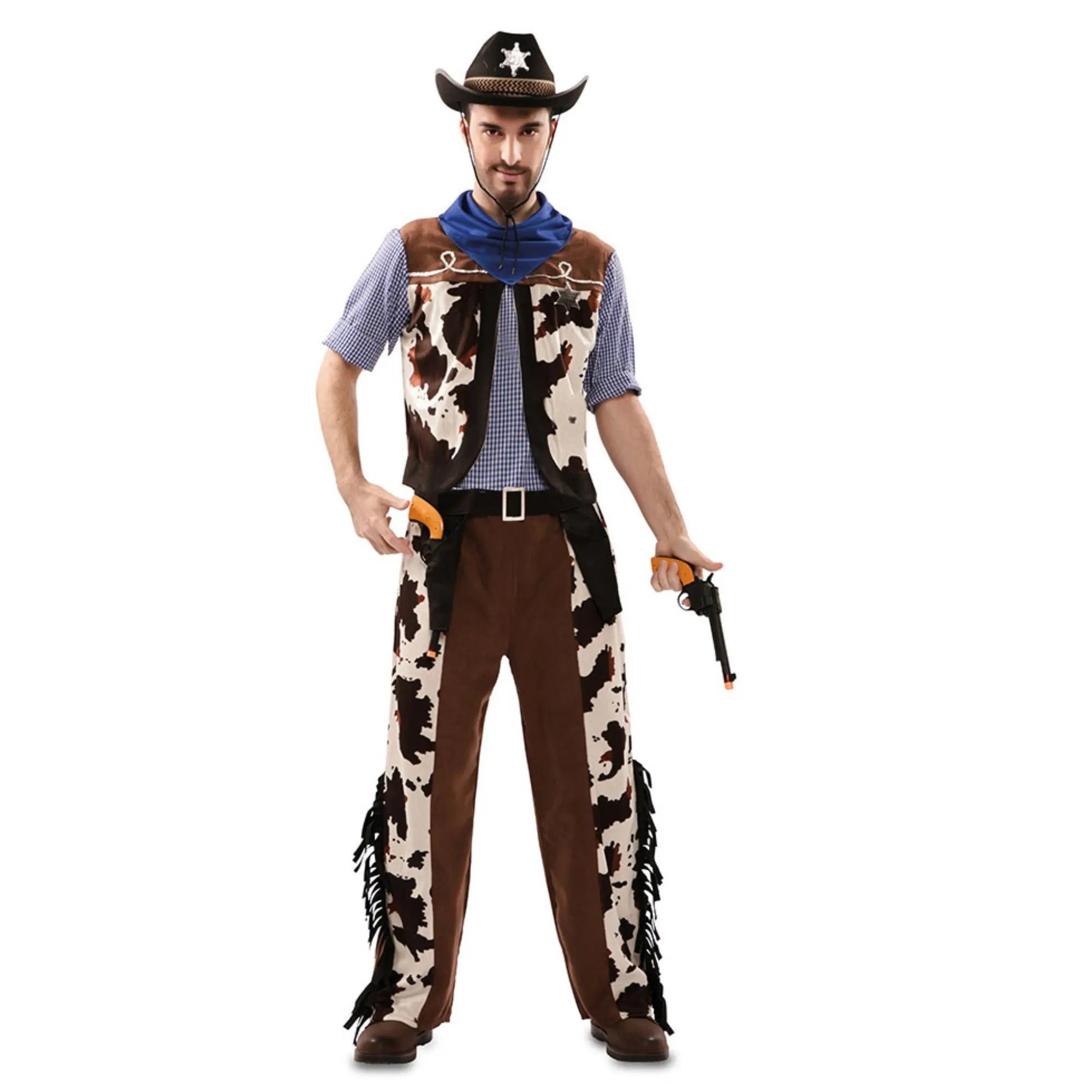 Disfraz de vaquero hombre con chaleco y pantalón estampado de vaca