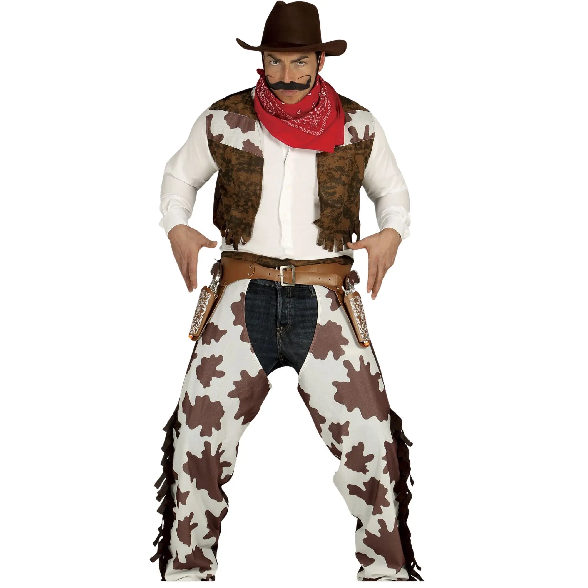 Disfraz de cowboy para hombre con chaleco y cubrepantalón estilo Oeste para Carnaval y fiestas