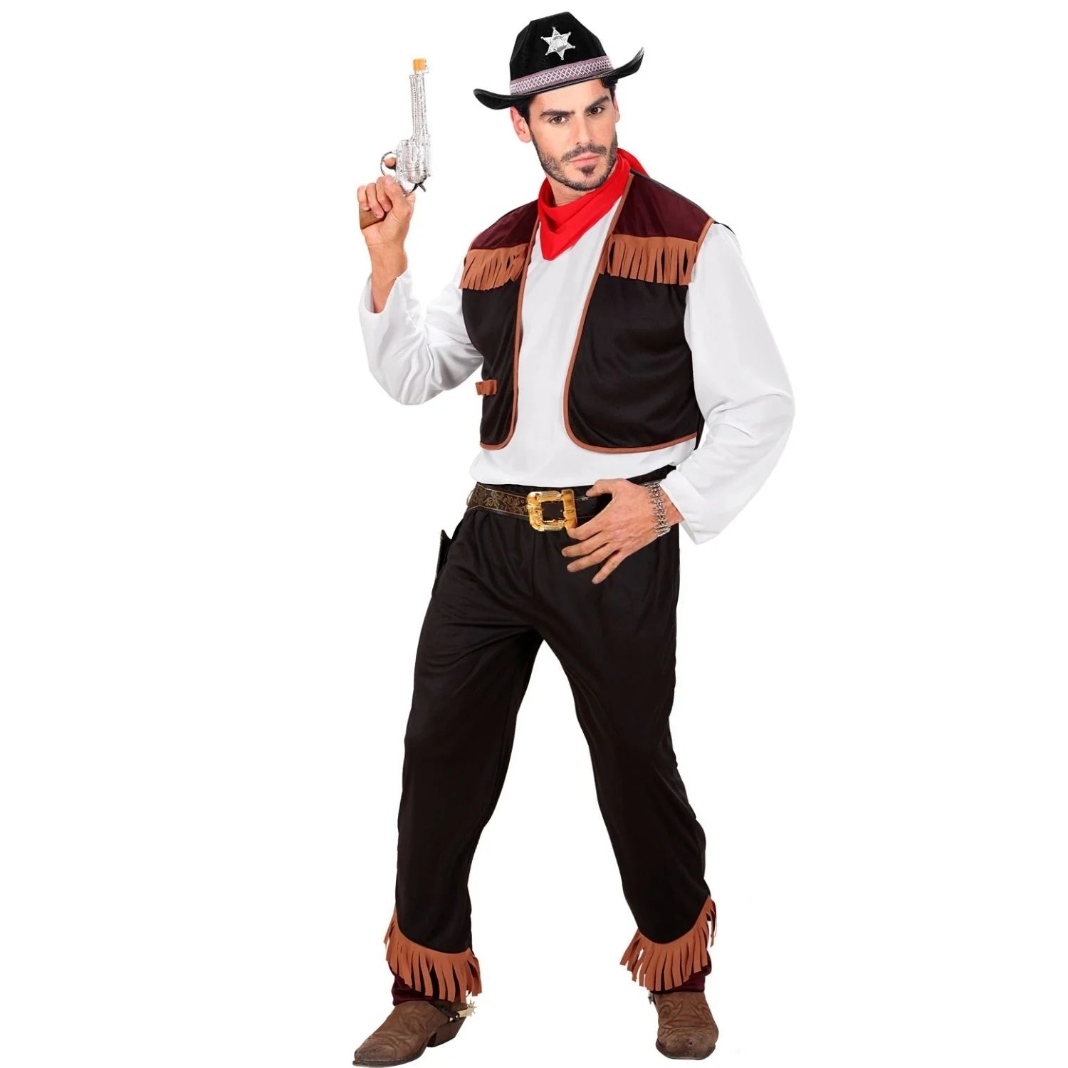 Disfraz Vaquero para Adulto con chaleco negro y pañuelo rojo estilo cowboy