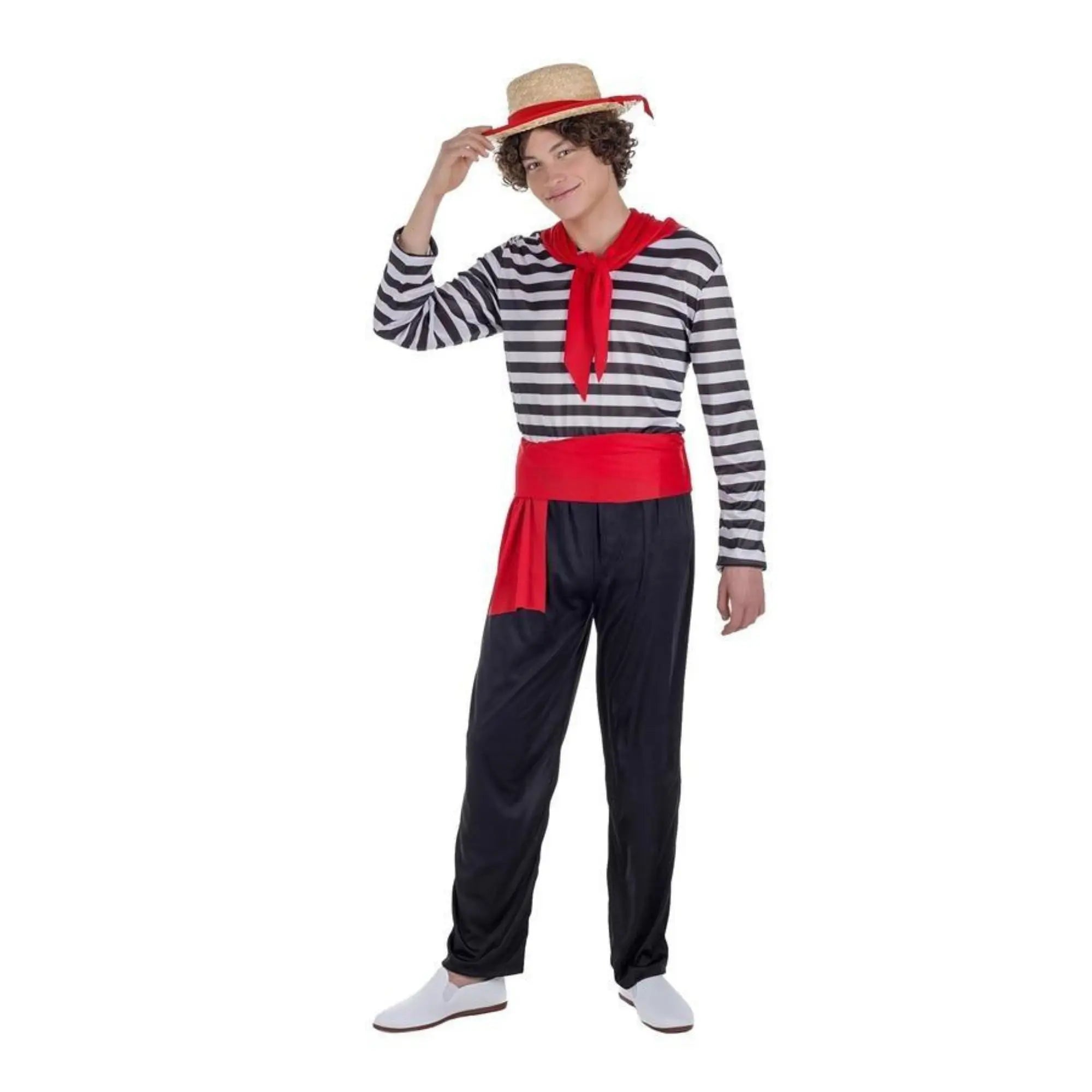 Disfraz de gondolero veneciano para hombre con sombrero, camisa a rayas, pañuelo rojo, fajín y pantalón negro