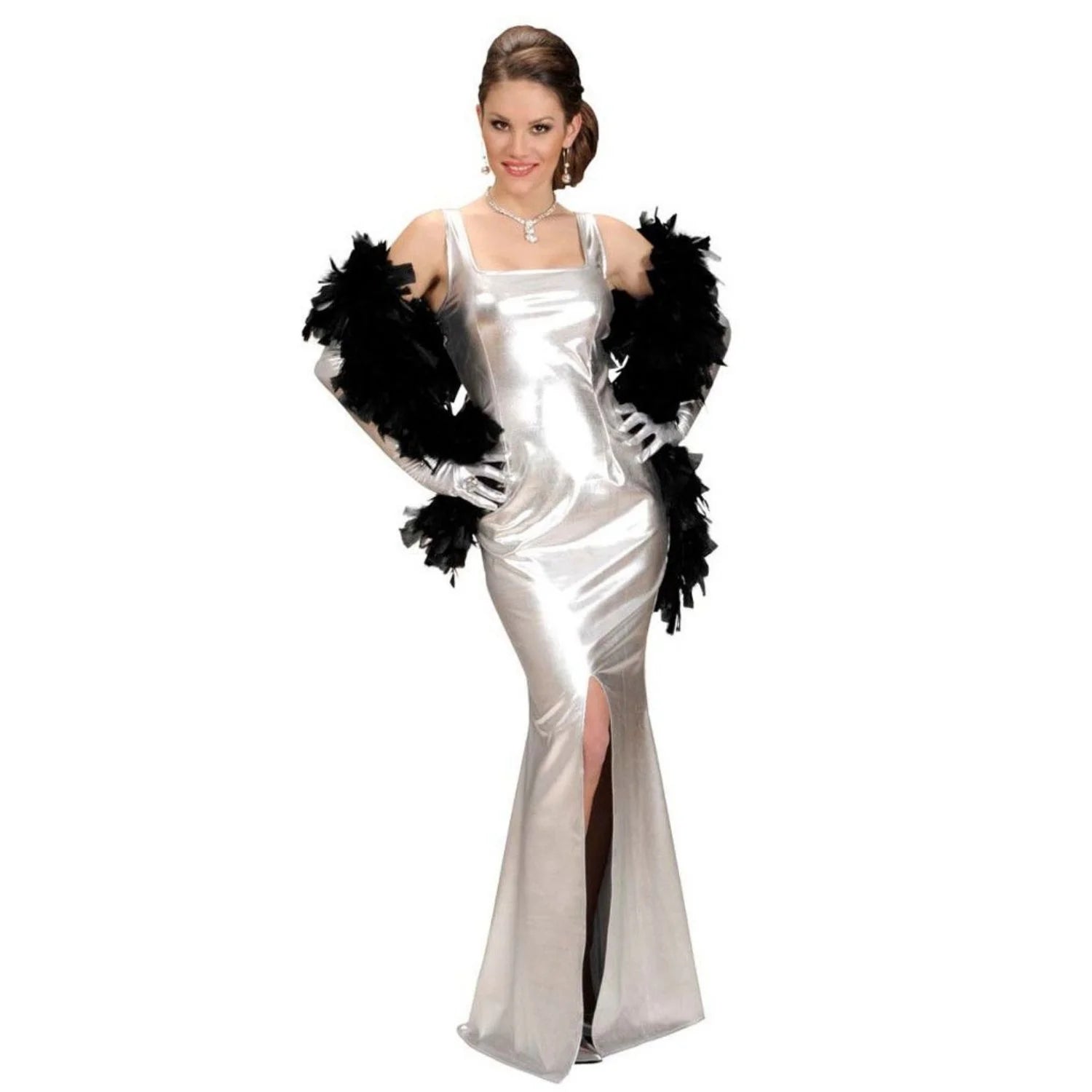 Disfraz vestido cocktail para mujer con vestido brillante plateado y guantes largos