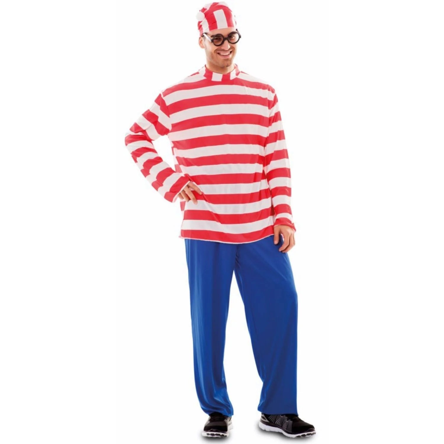 Hombre con disfraz de viajero adulto de rayas rojas y blancas con pantalón azul