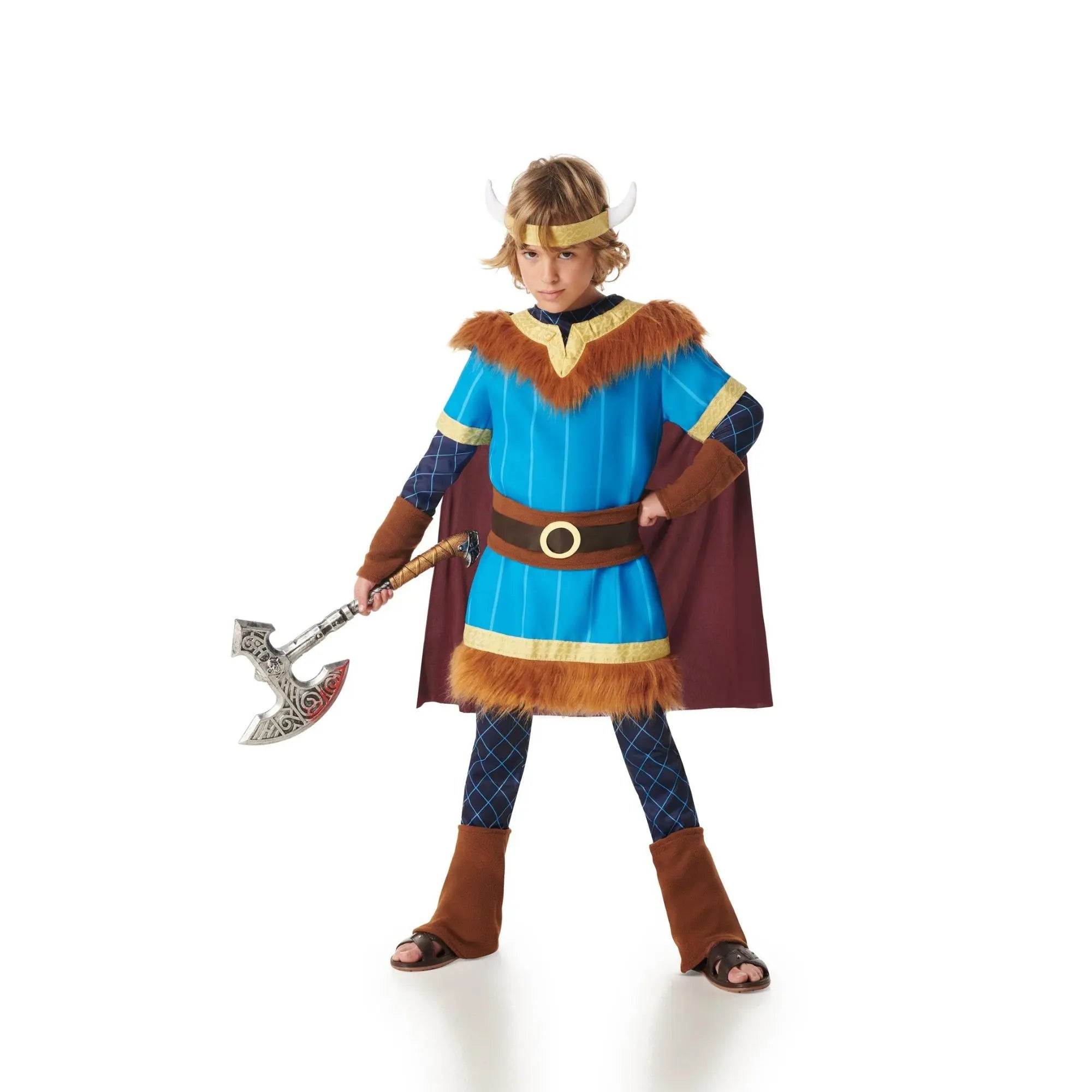 Disfraz vikingo azul infantil con túnica, capa y casco con cuernos para Carnaval