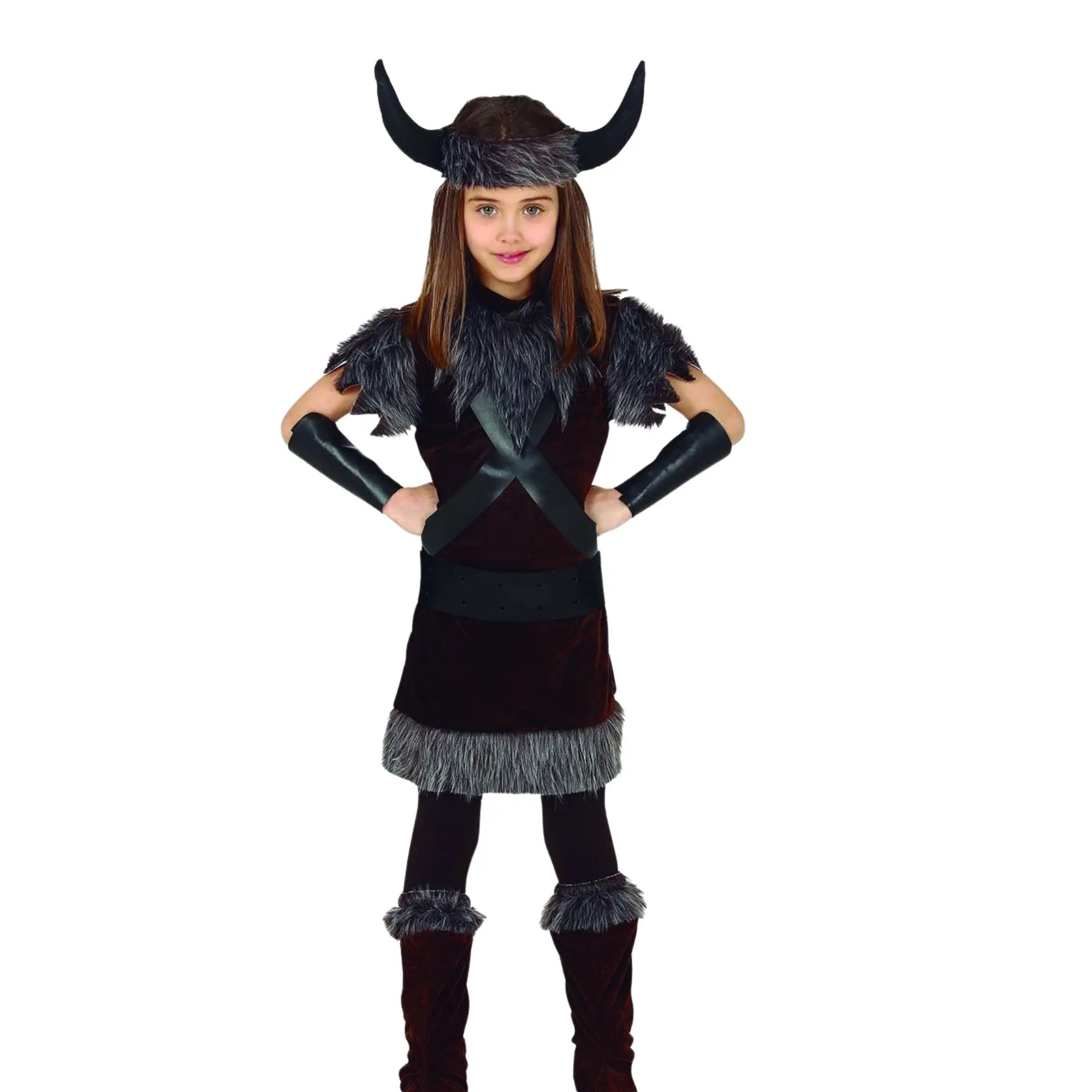 Disfraz vikingo infantil con vestido, cinturón, cinta de cabeza y cubrebotas para Carnaval