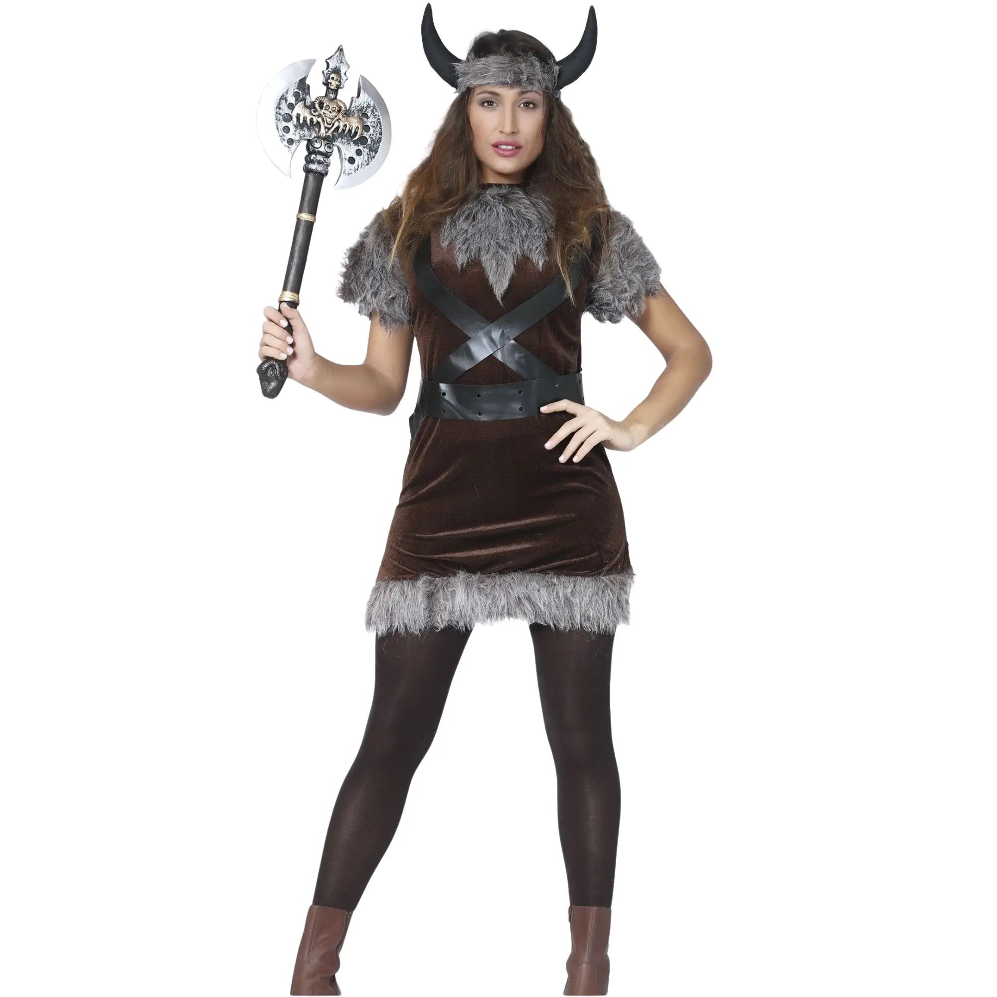 Disfraz de vikinga para mujer con vestido, cinturón, cuernos y cinta de cabeza estilo guerrera nórdica