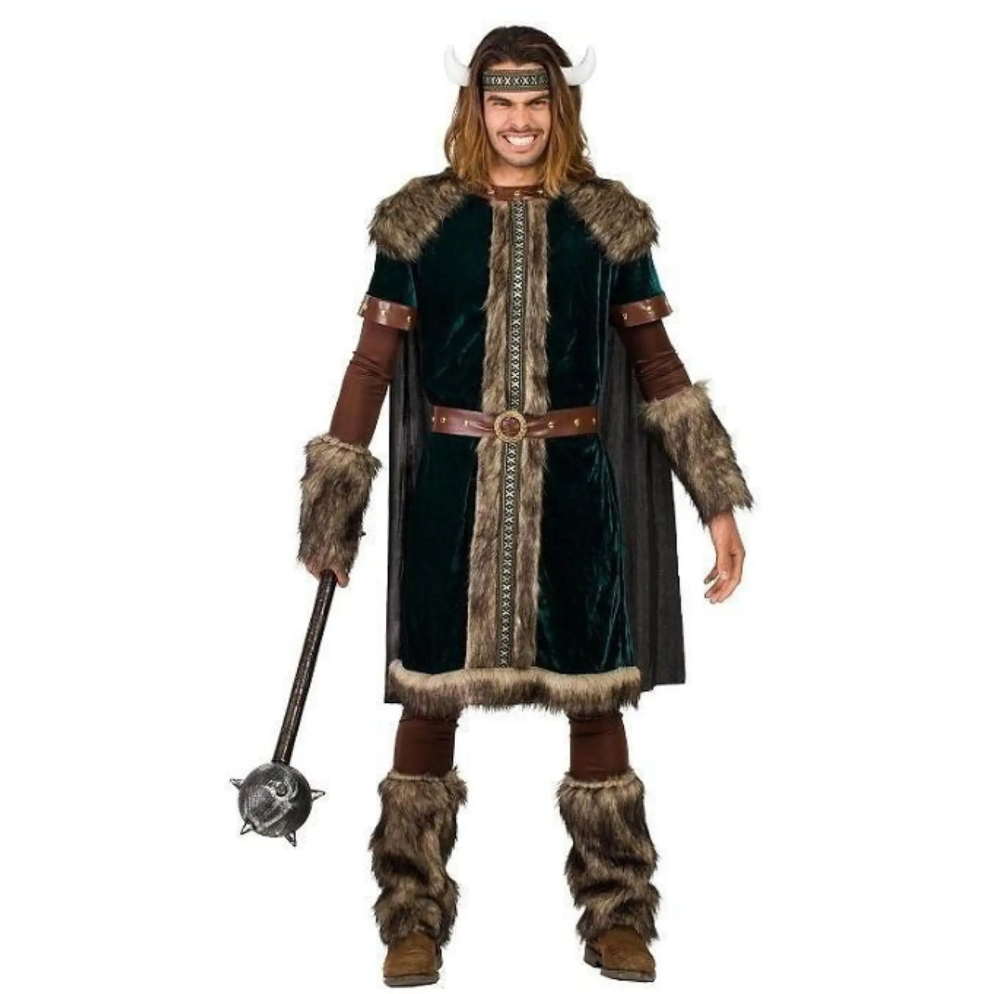 Disfraz de vikingo guerrero para hombre con capa, cuernos y accesorios medievales