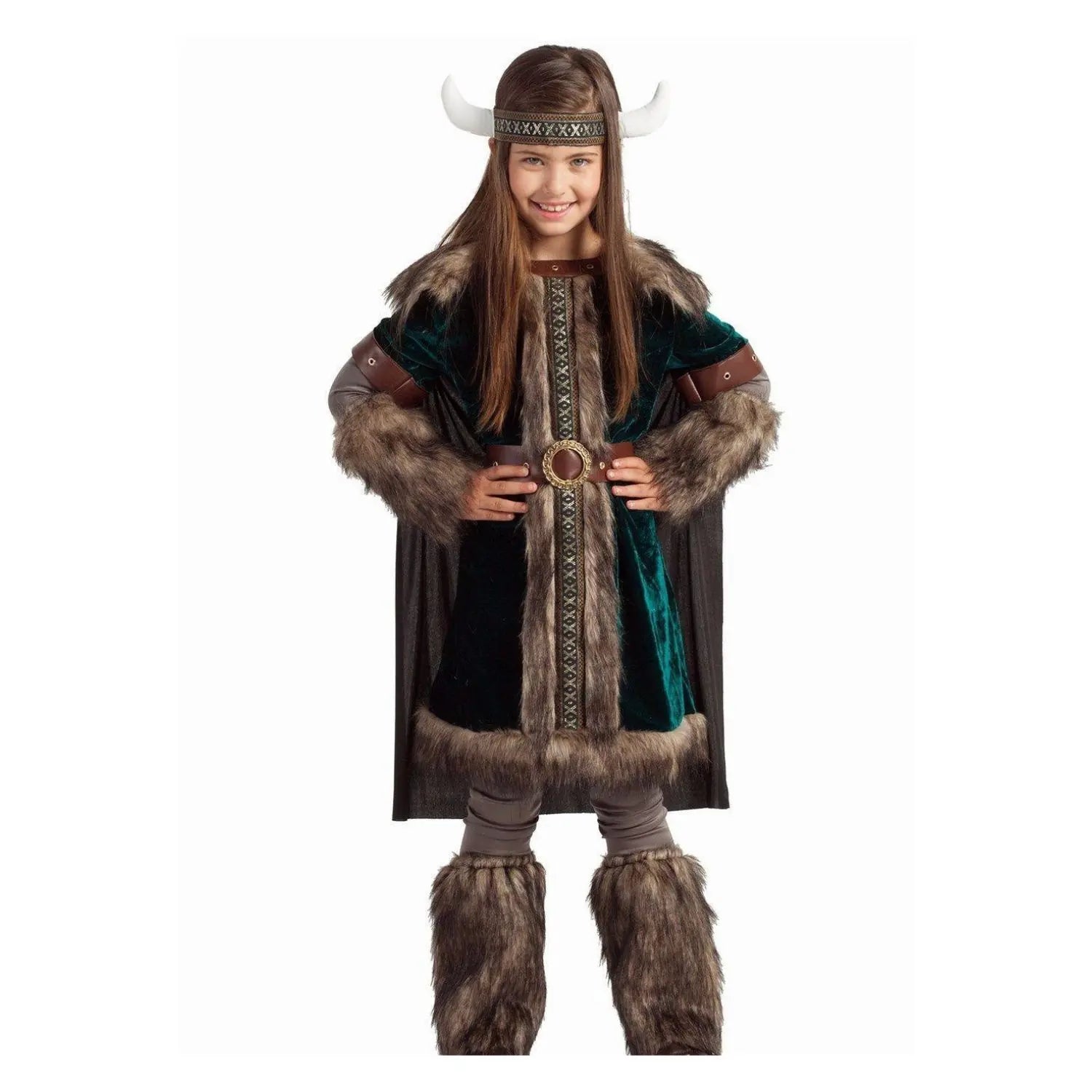 Disfraz de guerrera vikinga para niña con casco de cuernos y capa