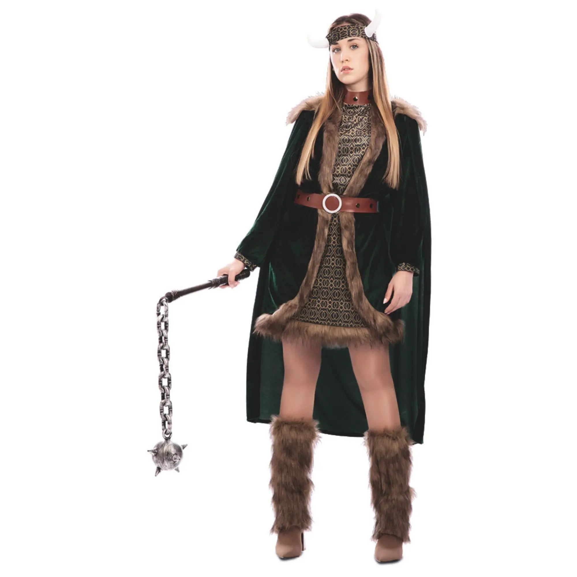 Disfraz de vikinga para mujer con túnica, capa y diadema con cuernos en tonos verdes y marrones ideal para Carnaval