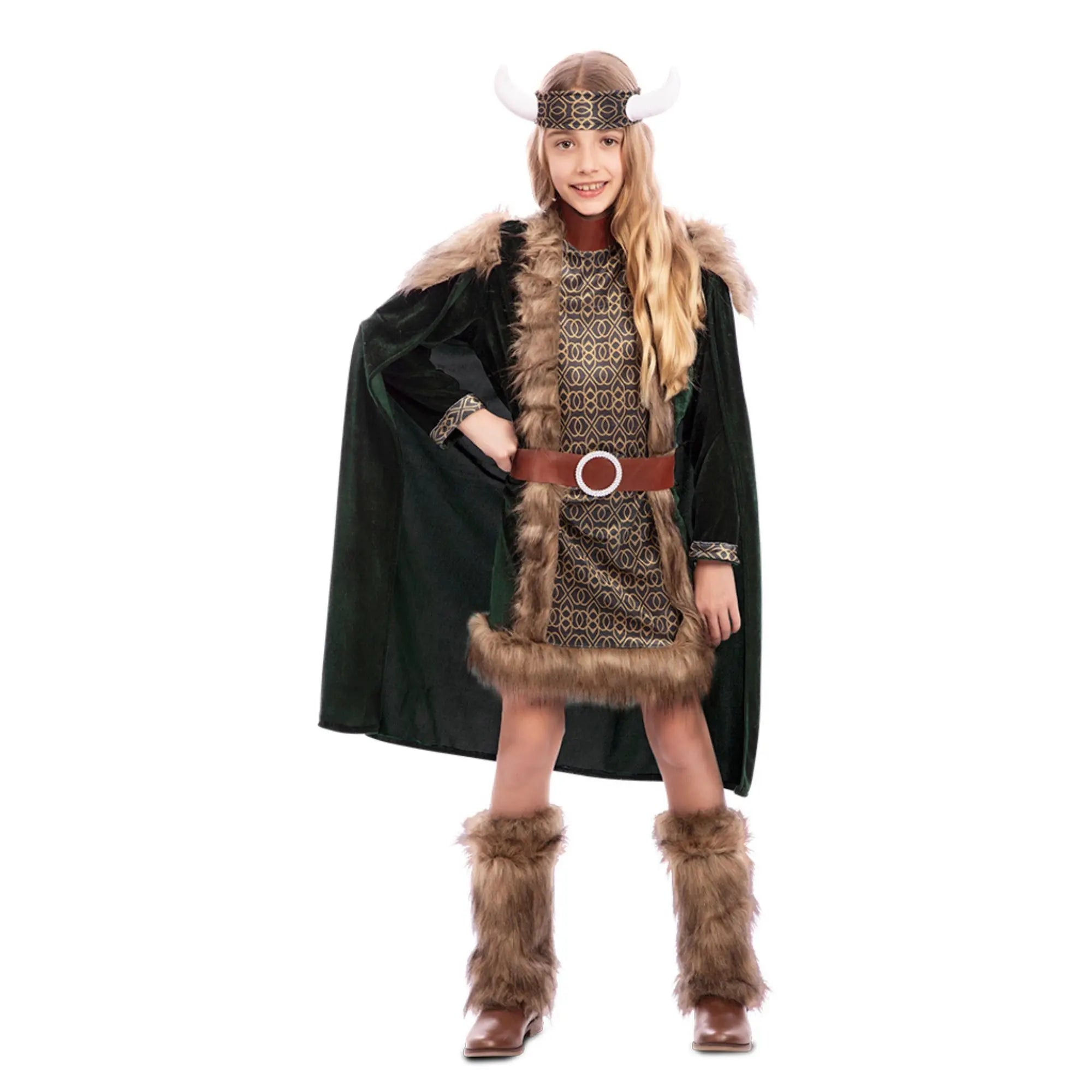 Disfraz de vikinga para niña con túnica, capa y diadema con cuernos en tonos verdes y marrones ideal para Carnaval