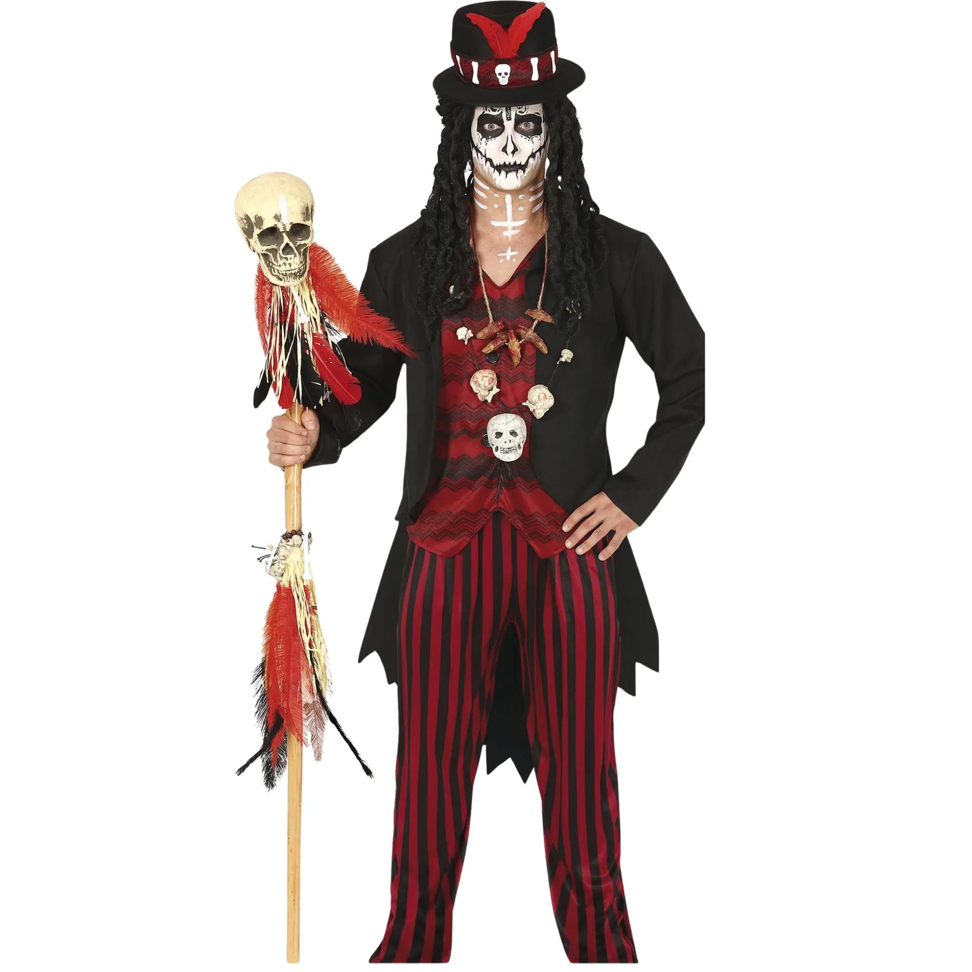 Disfraz vudú hechicero para hombre con chaqueta, pantalón, camisa y sombrero para Halloween