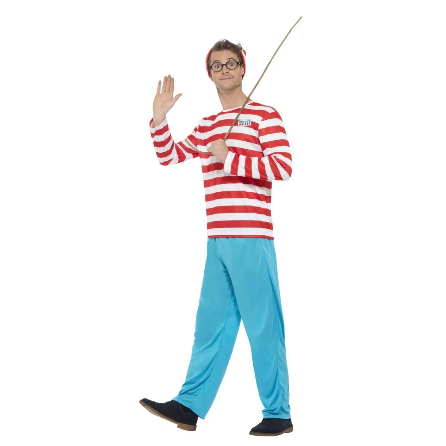 Disfraz de Wally para hombre con camiseta de rayas, pantalón azul, gafas y gorro