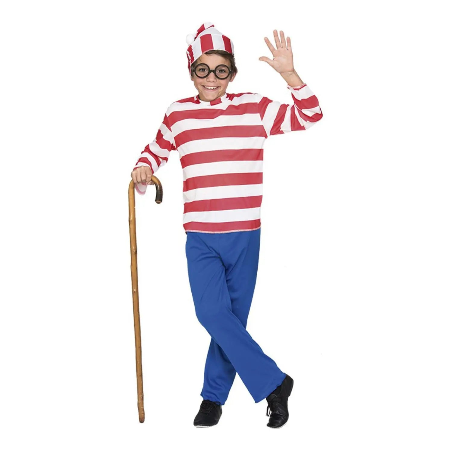 Disfraz de Wally para niño con camiseta de rayas rojas y blancas, pantalón azul y gorrito