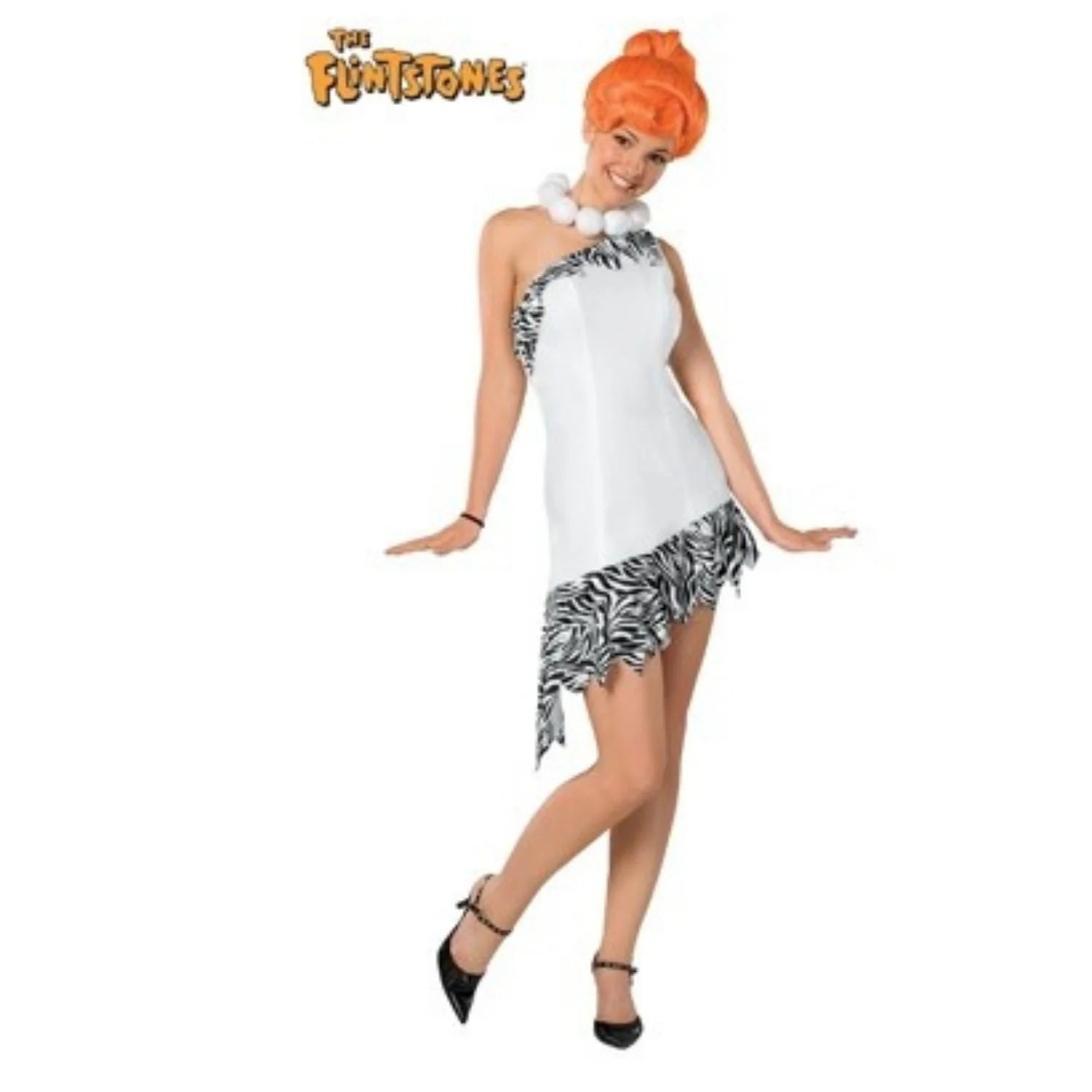 Disfraz Wilma Picapiedra mujer con vestido blanco, peluca y collar