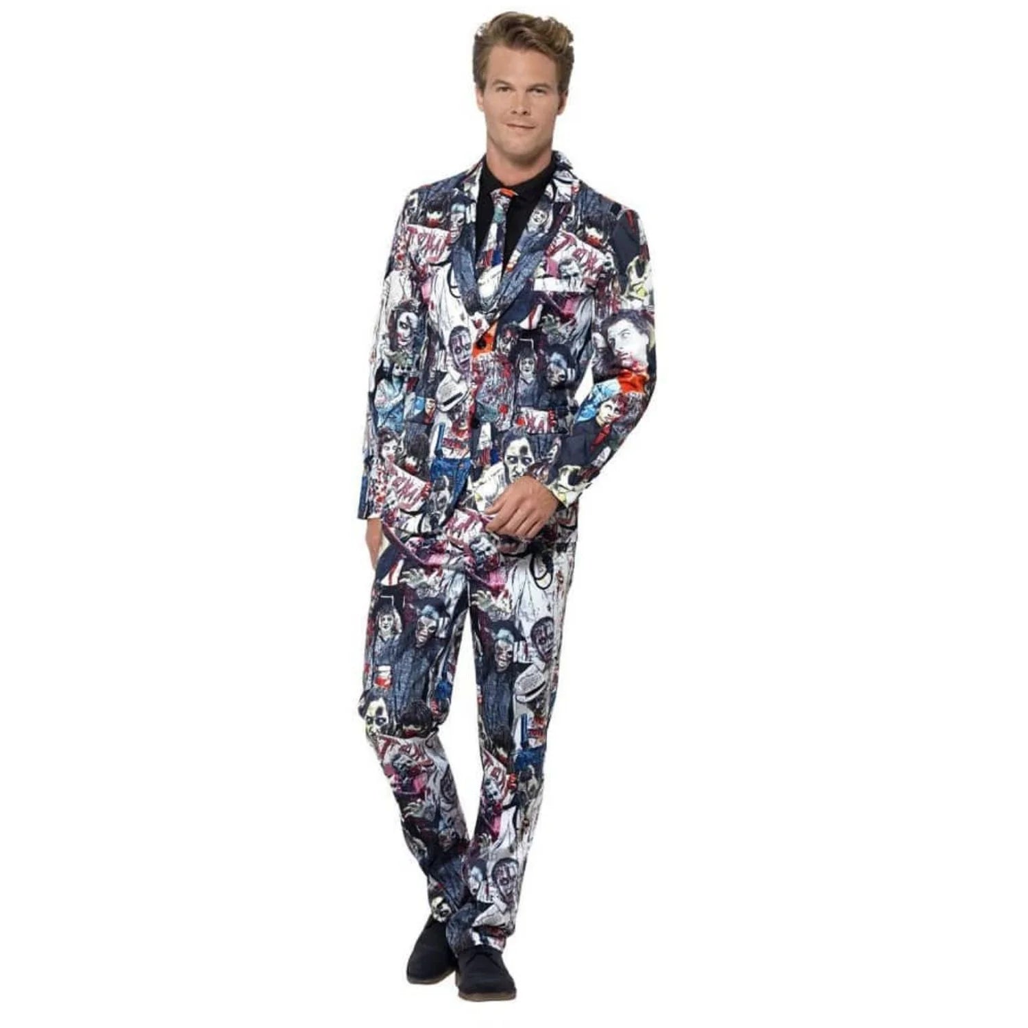 Disfraz zombi hombre con traje estampado terrorífico y corbata