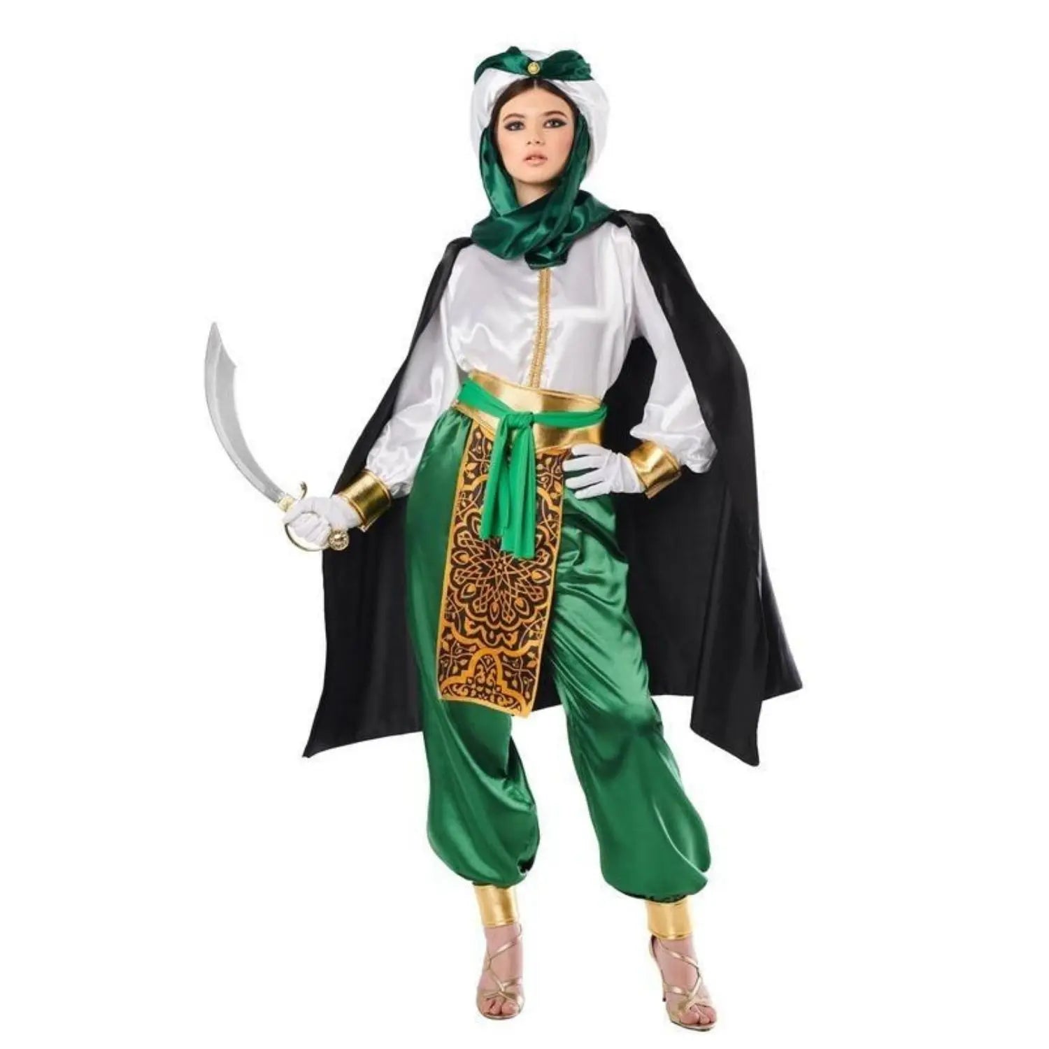 Disfraz de beduina para mujer con turbante, capa y conjunto estilo árabe