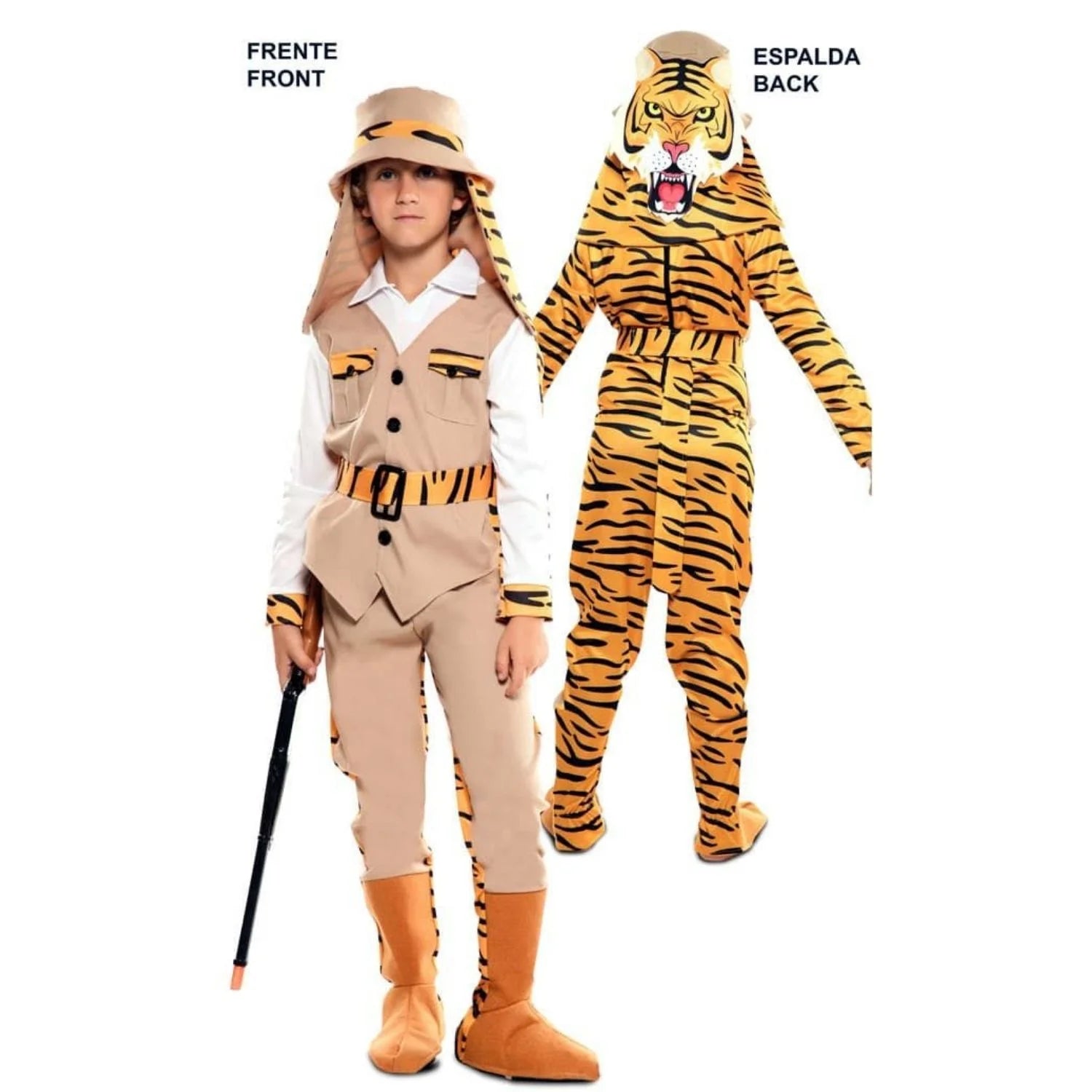 Niño con doble disfraz reversible de cazador safari y tigre para Carnaval