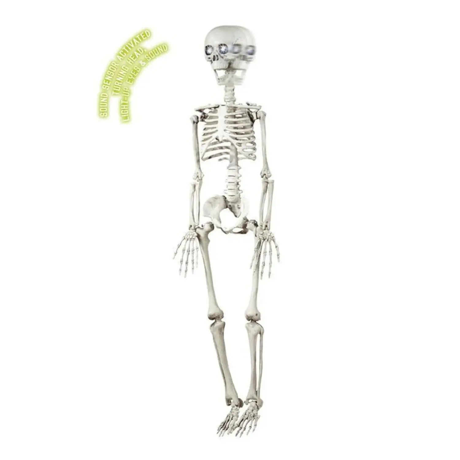 Esqueleto animado de 90 cm para Halloween con cabeza giratoria, ojos luminosos y sensor de sonido