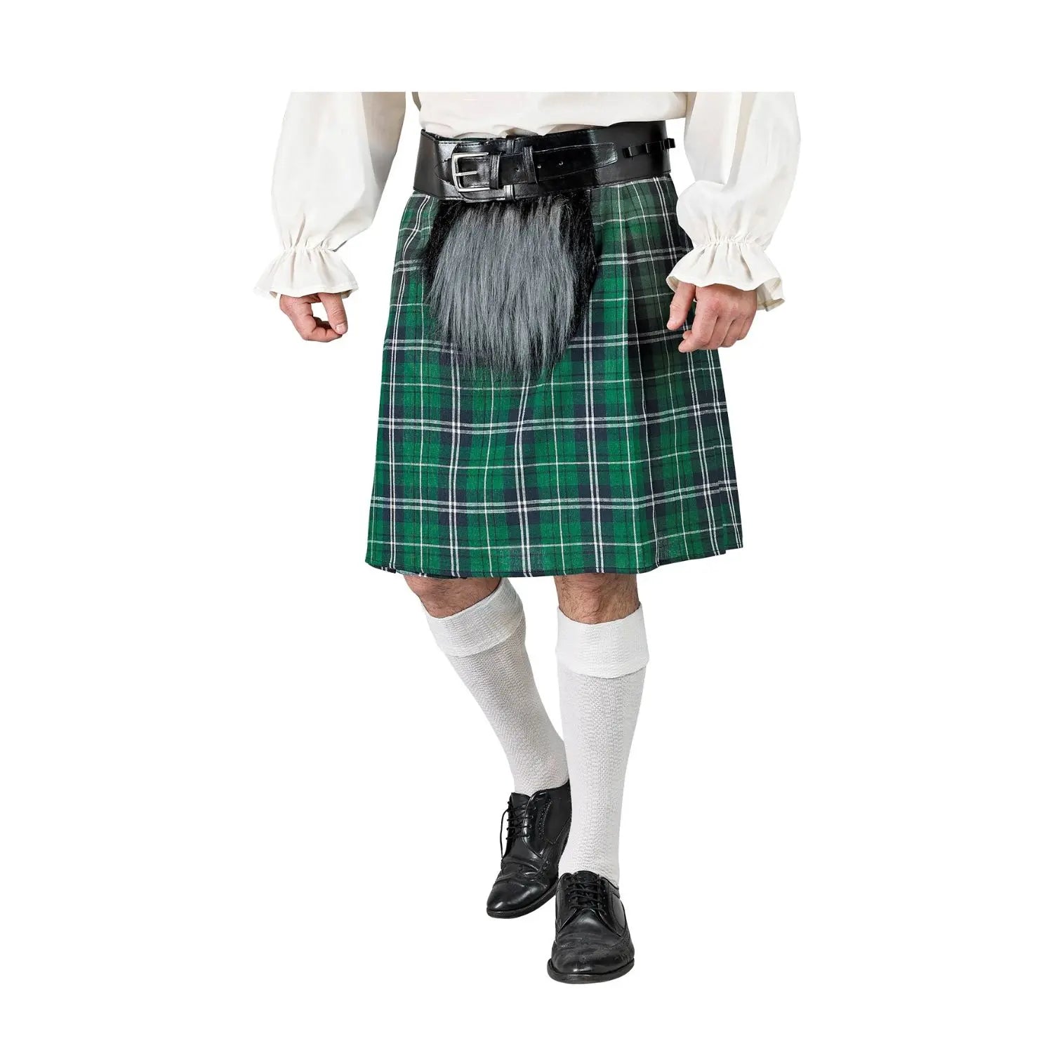 falda escocesa verde tipo kilt con monedero complemento para look de temática escocesa en fiestas