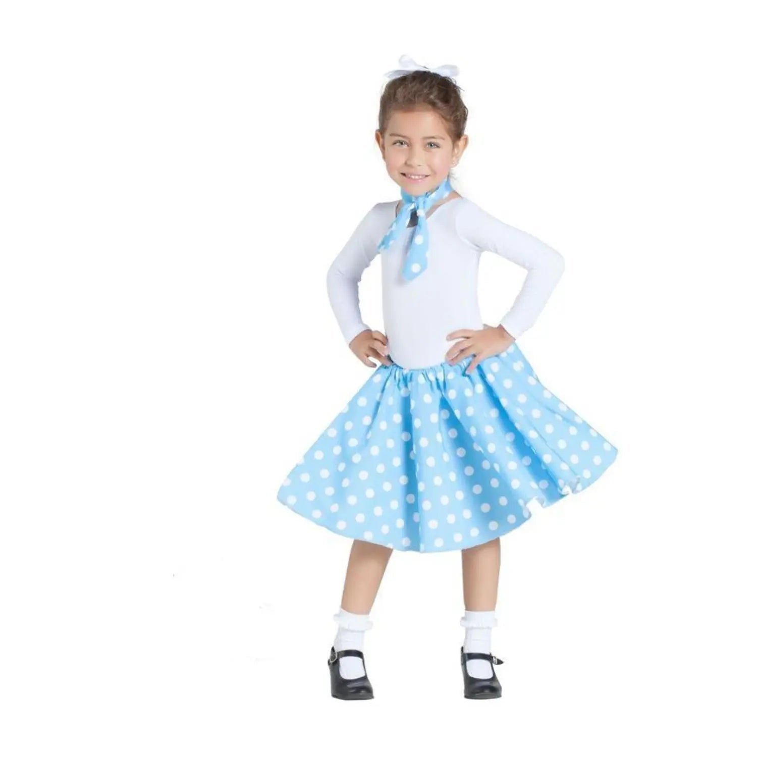 falda pin up azul infantil con enagua y pañuelo complemento para look años 50 en fiestas temáticas