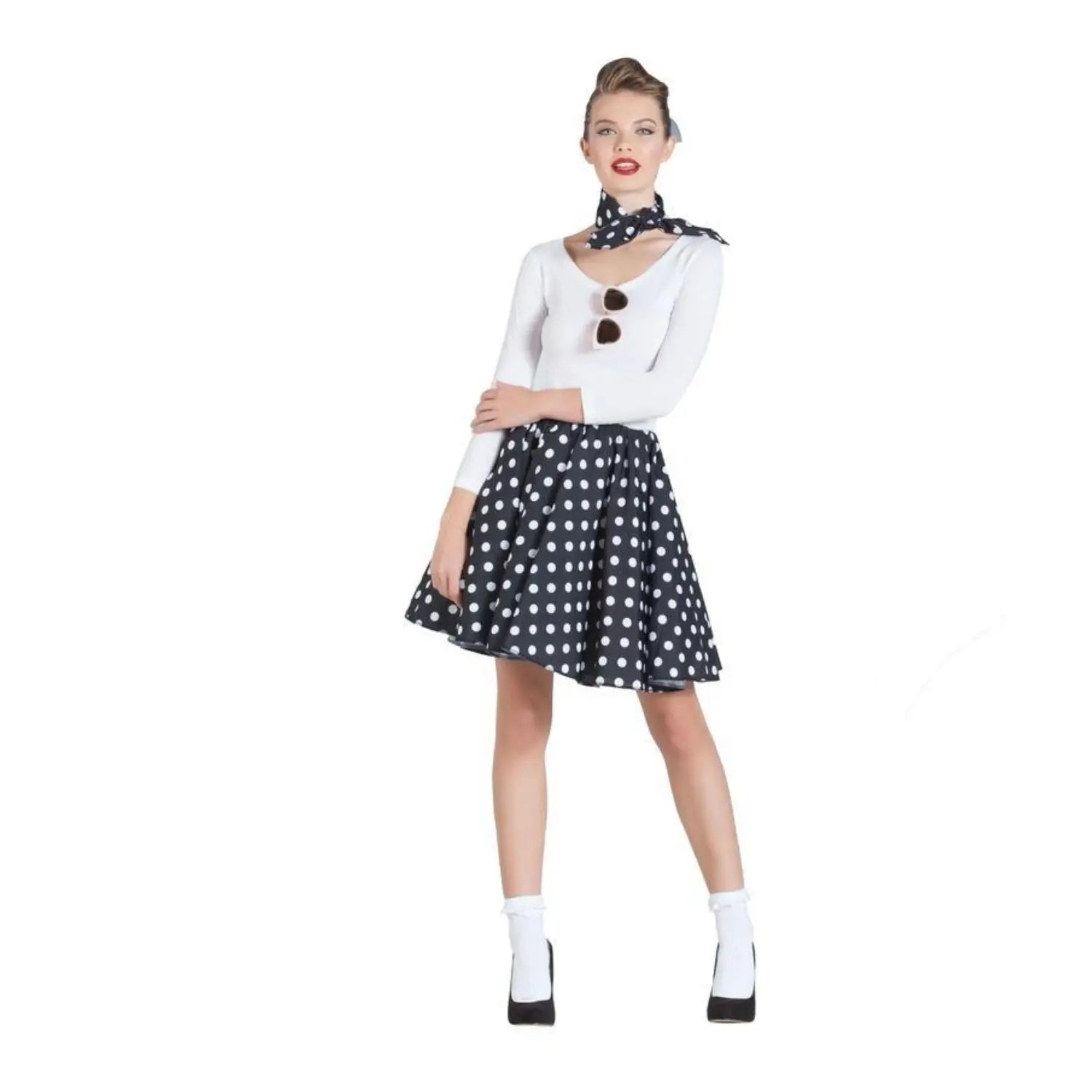 falda pin up negra con enagua y pañuelo estilo años 50 complemento para look retro en fiestas temáticas