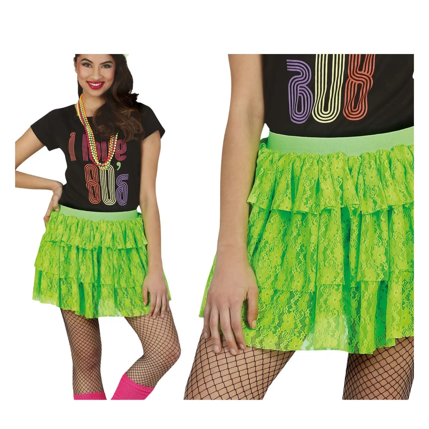 falda verde neón estilo años 80 complemento para look retro en fiestas temáticas