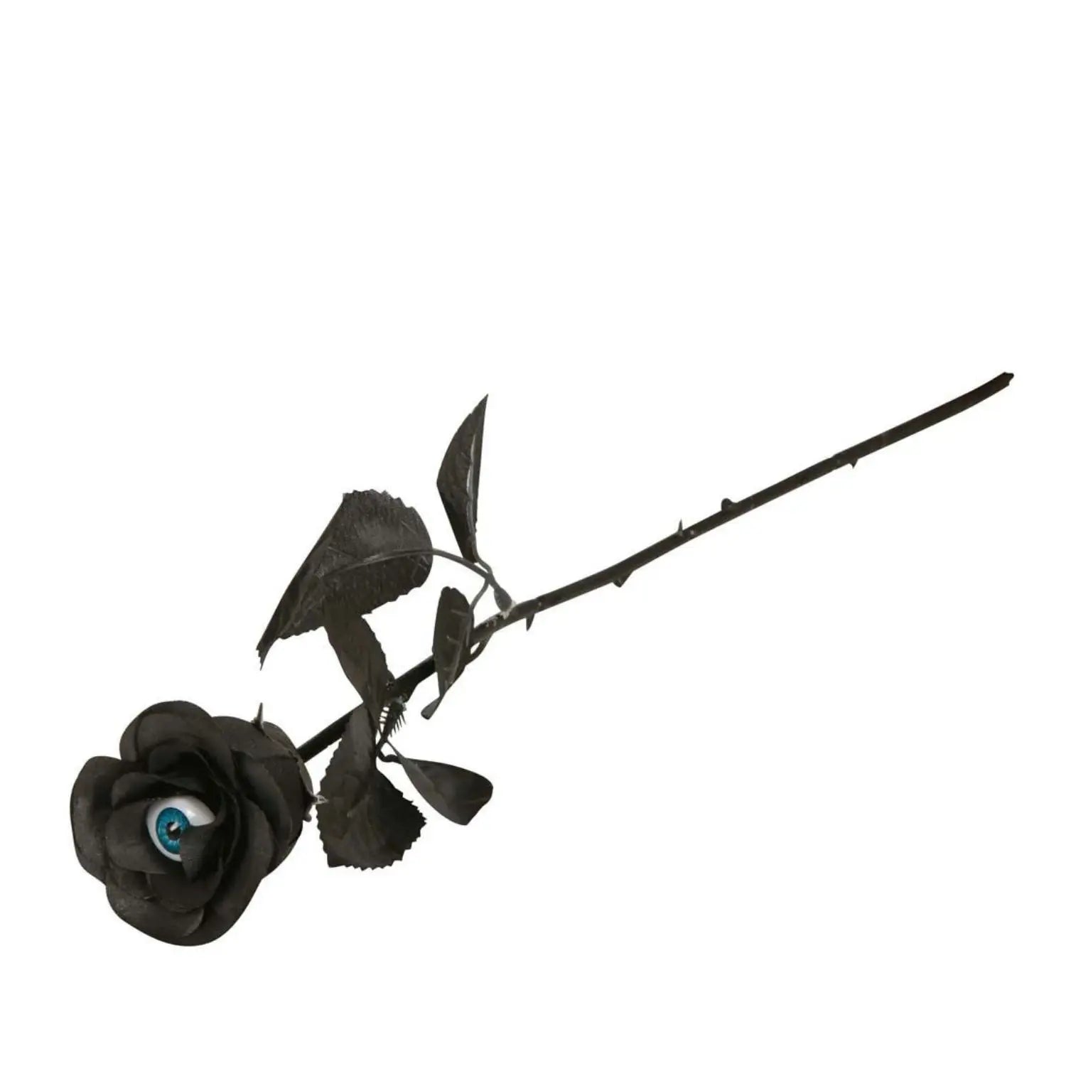 Flor negra decorativa con ojo azul en el centro y tallo oscuro para decoración de Halloween