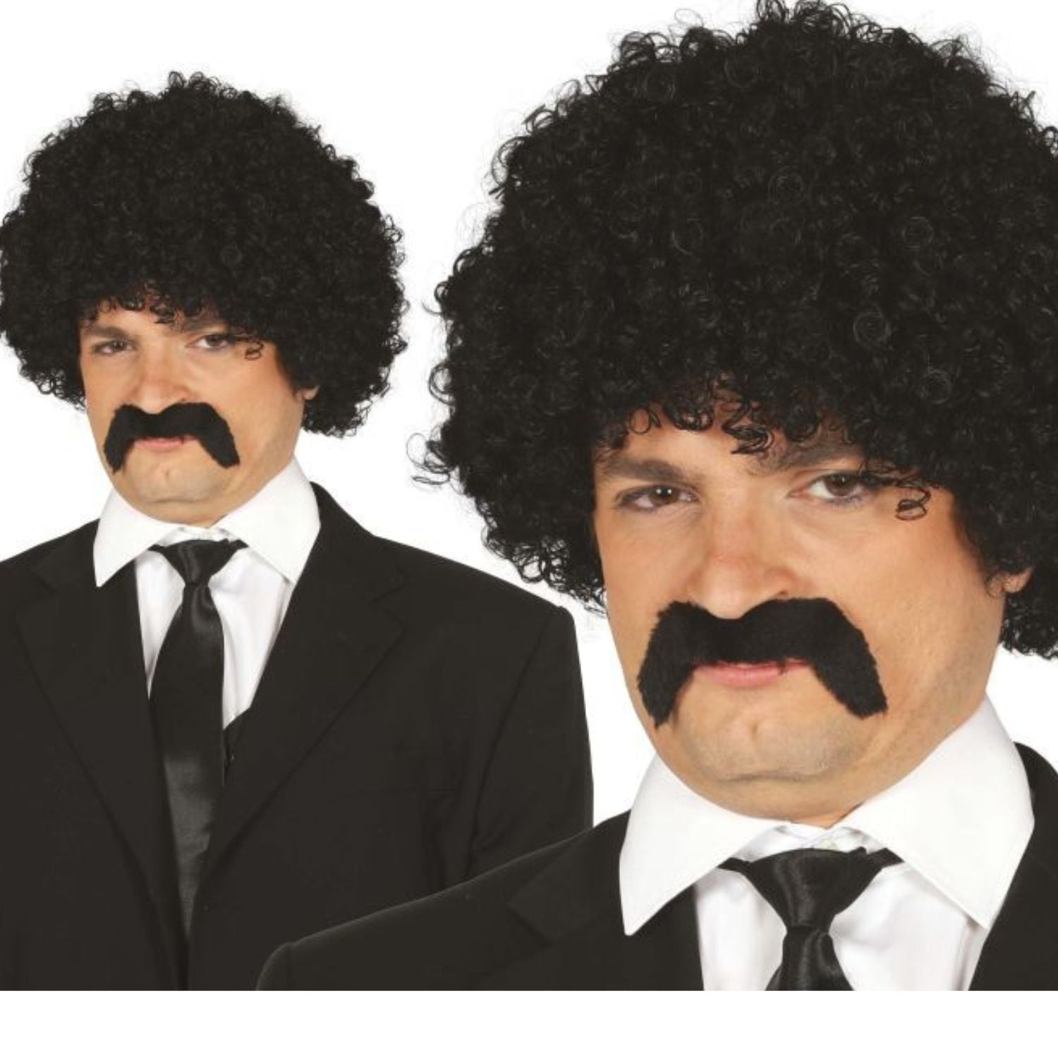 Conjunto peluca negra rizada con bigote para disfraz