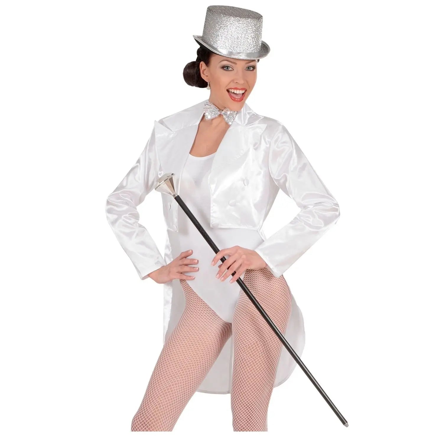 Frac en raso blanco para mujer elegante ideal para Carnaval y cabaret
