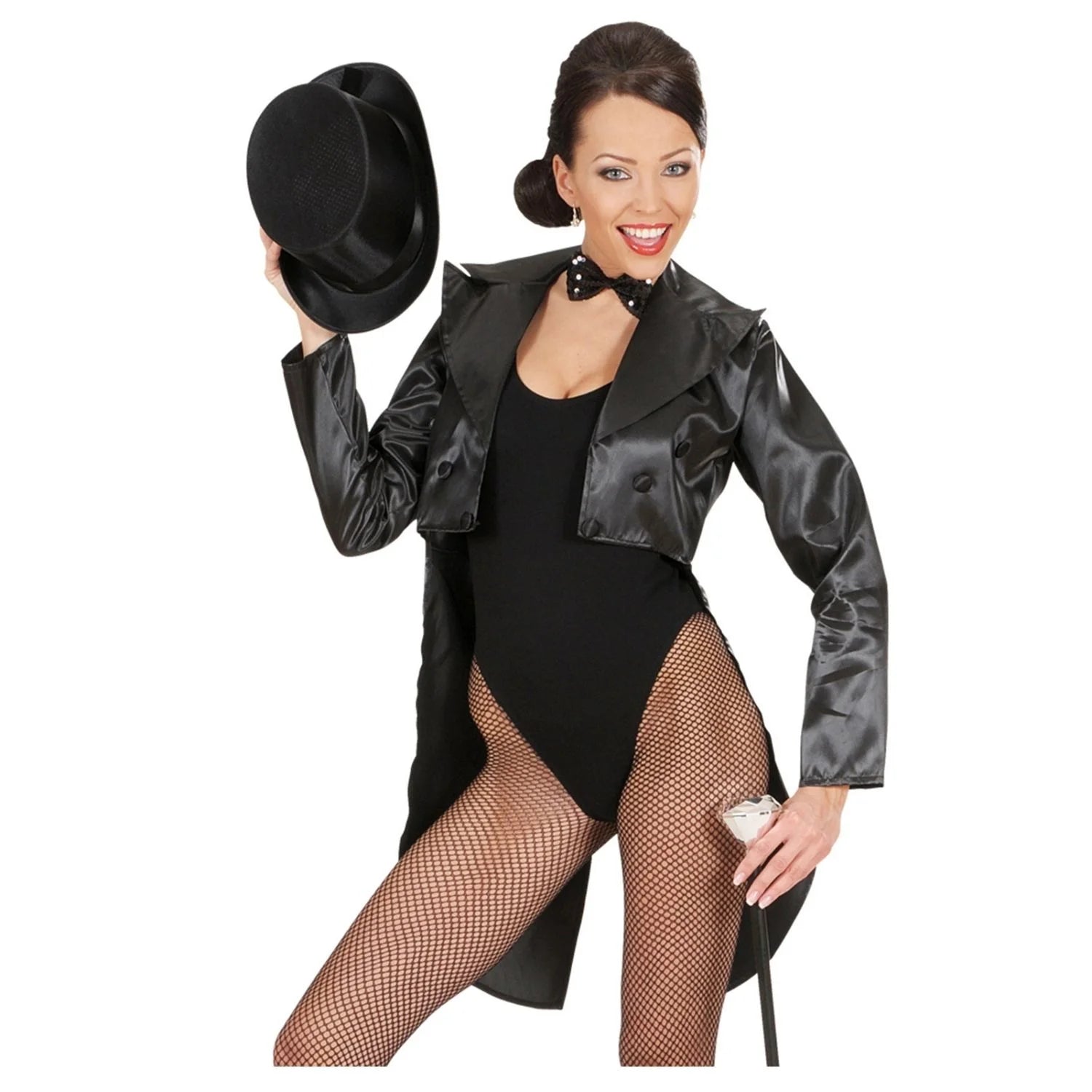 Frac en raso negro para mujer elegante ideal para Carnaval y cabaret