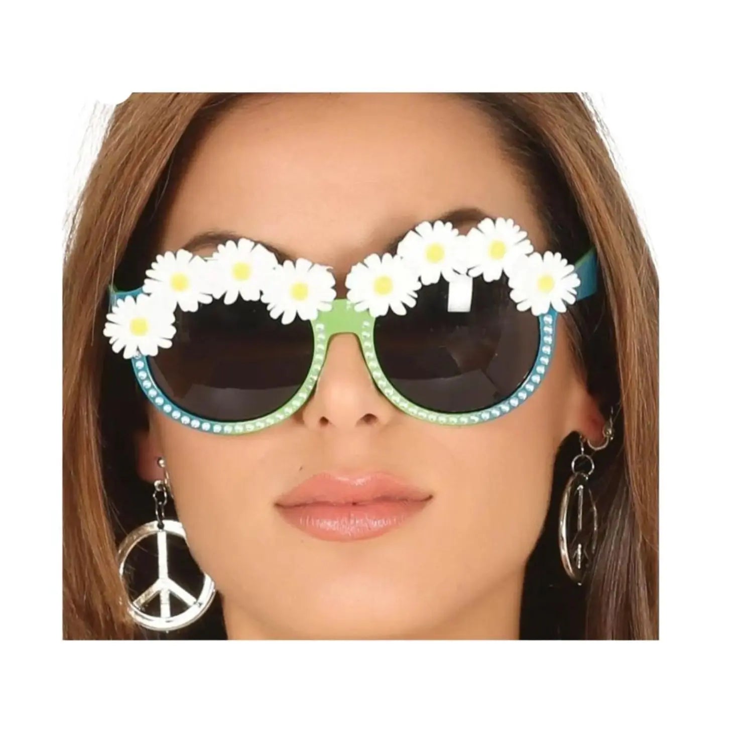 Gafas decoradas con margaritas blancas para disfraces hippies y fiestas flower power