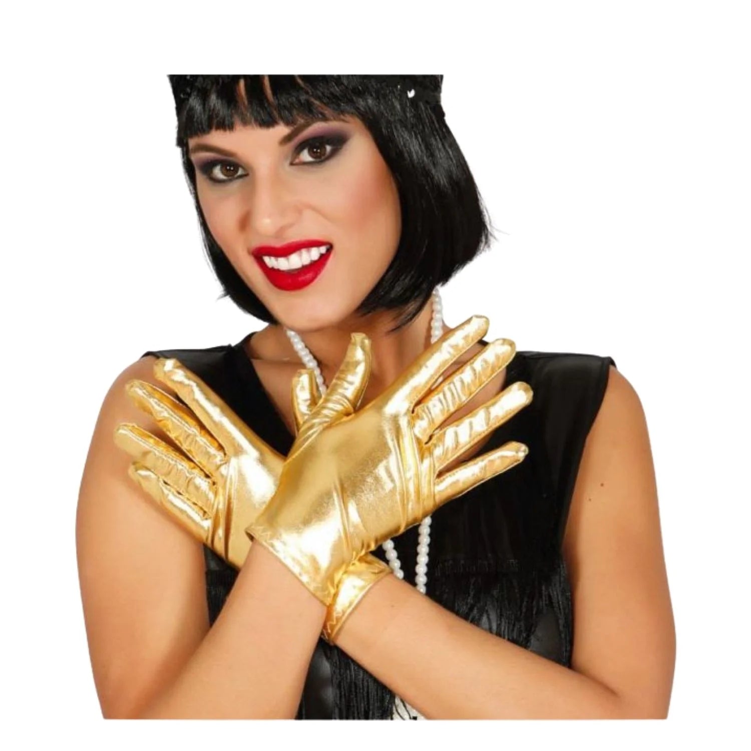 Guantes dorados cortos accesorio disco para completar look brillante en fiestas temáticas